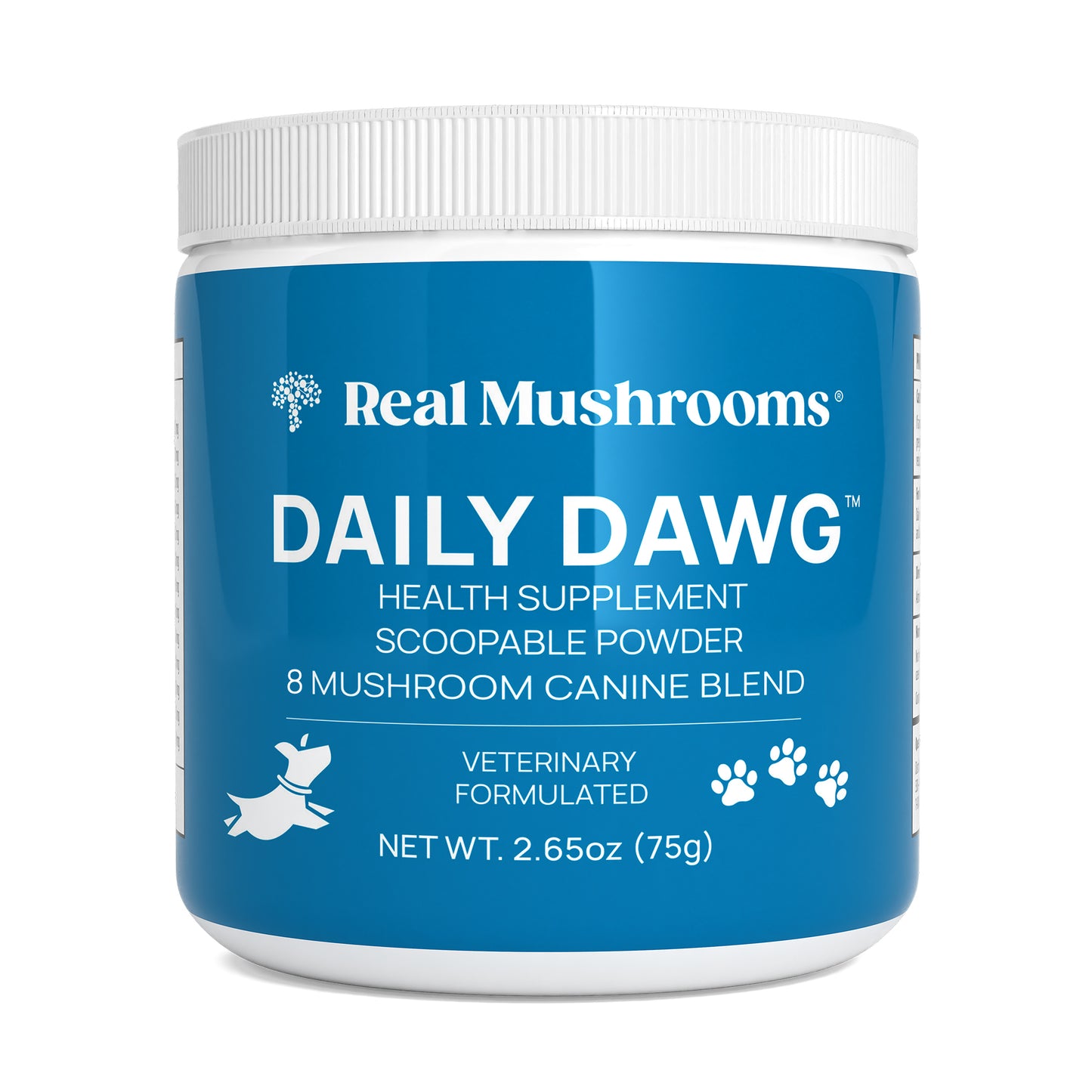 A white plastic container of Real Mushrooms Daily Dawg Powder for Pets, featuring a blue label with product details and branding, made with Certified Organic mushrooms to support overall pet health.
