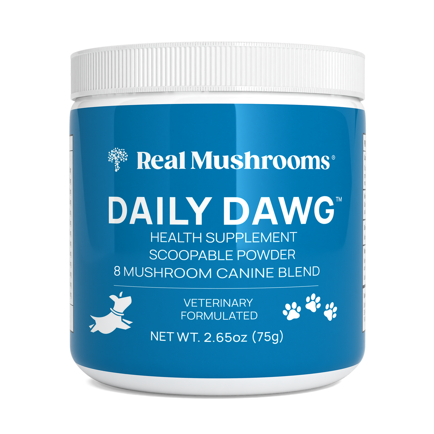 A blue container labeled "Real Mushrooms Daily Dawg Powder for Pets," a scoopable vet-formulated supplement for dogs with an 8-mushroom blend and beta-glucans, net weight 2.65 oz (75g).
