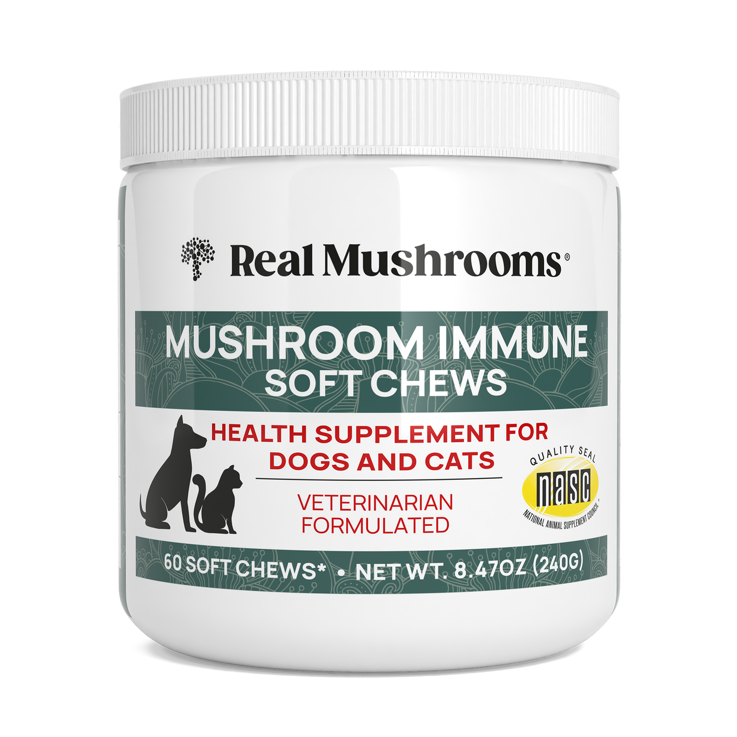A jar of Real Mushrooms Mushroom Immune Pet Chews contains 60 veterinarian-formulated chews, designed as a health supplement for dogs and cats.