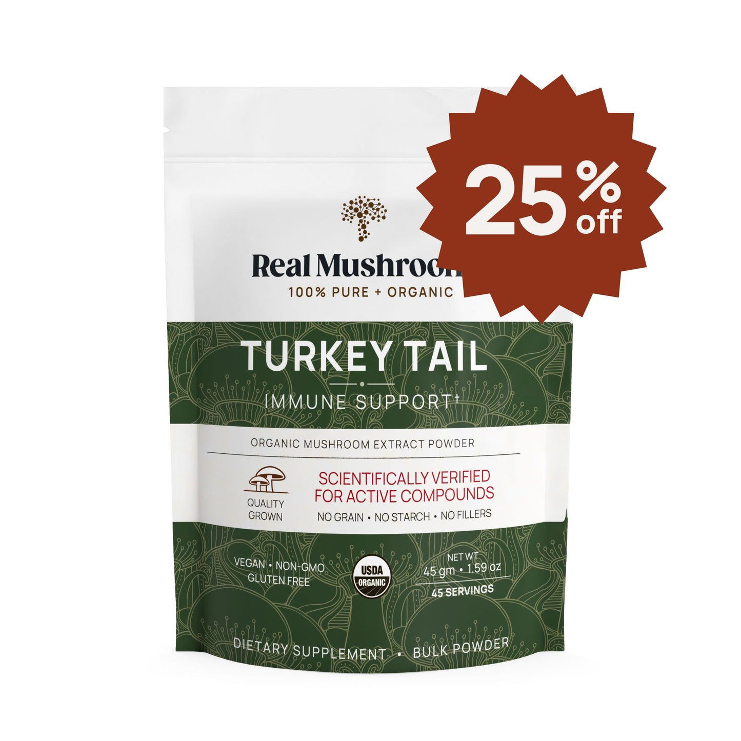 A bag of Real Mushrooms Turkey Tail Extract - Bulk Powder with a "25% off" label. The packaging showcases organic mushroom extract and scientifically verified beta-glucans from turkey tail mushrooms.