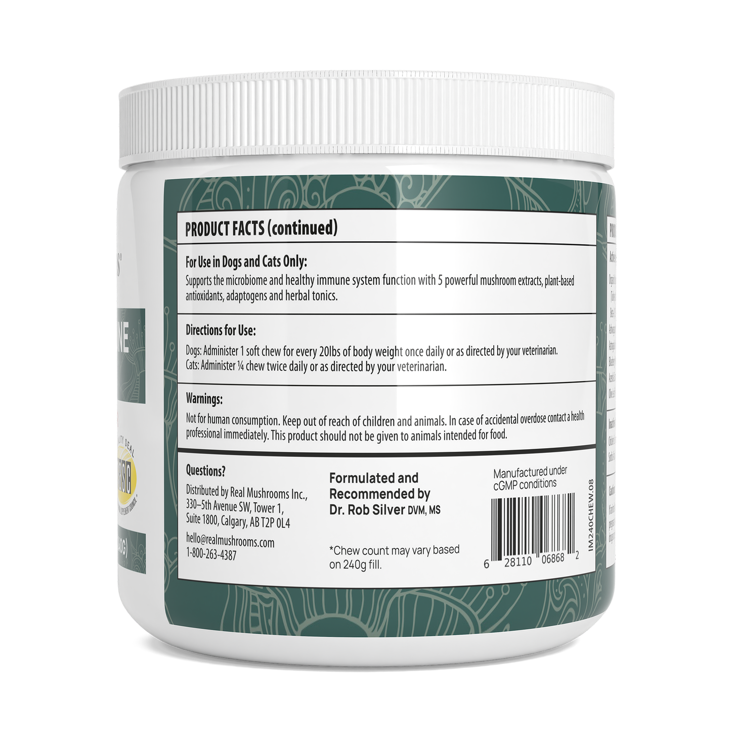 A white container labeled Mushroom Immune Pet Chews by Real Mushrooms, enriched with beta-glucans to support your pet’s well-being.