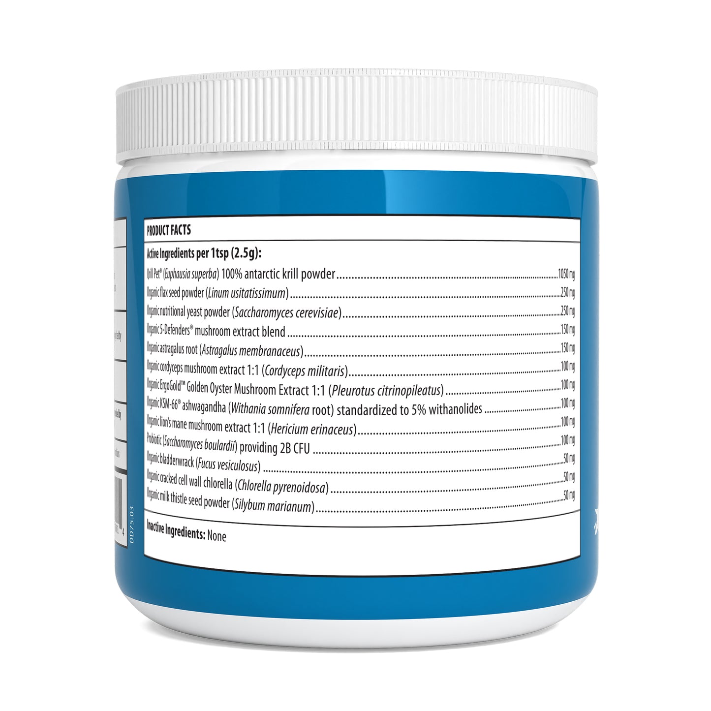 A blue and white Daily Dawg Powder for Pets container by Real Mushrooms displays a nutrition label listing Beta-glucans and active ingredients per teaspoon, featuring Certified Organic mushrooms.