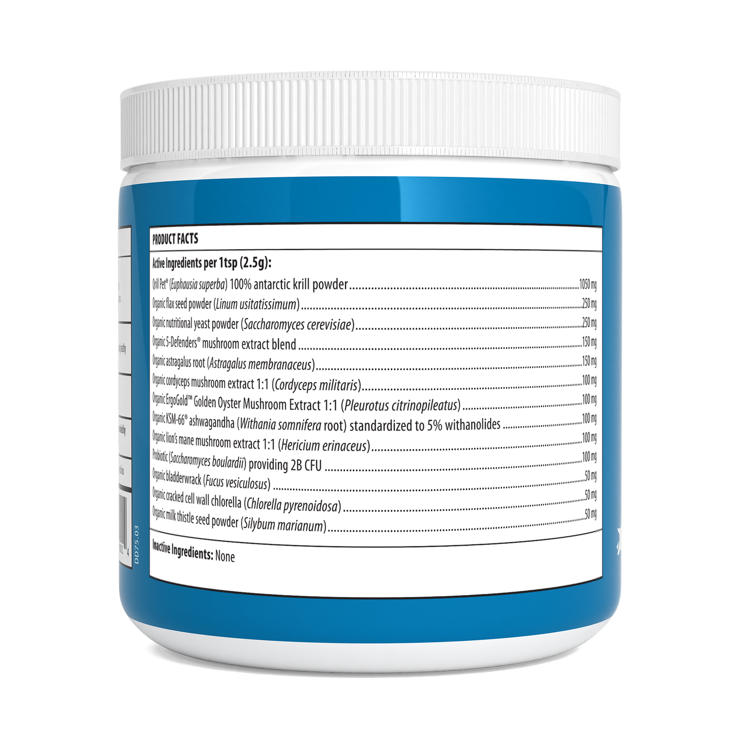 The Real Mushrooms Daily Dawg Powder for Pets label lists product facts and ingredients, including krill powder, organic mushroom with beta-glucans, ashwagandha, and probiotics per 1 tsp (2.5g) serving.