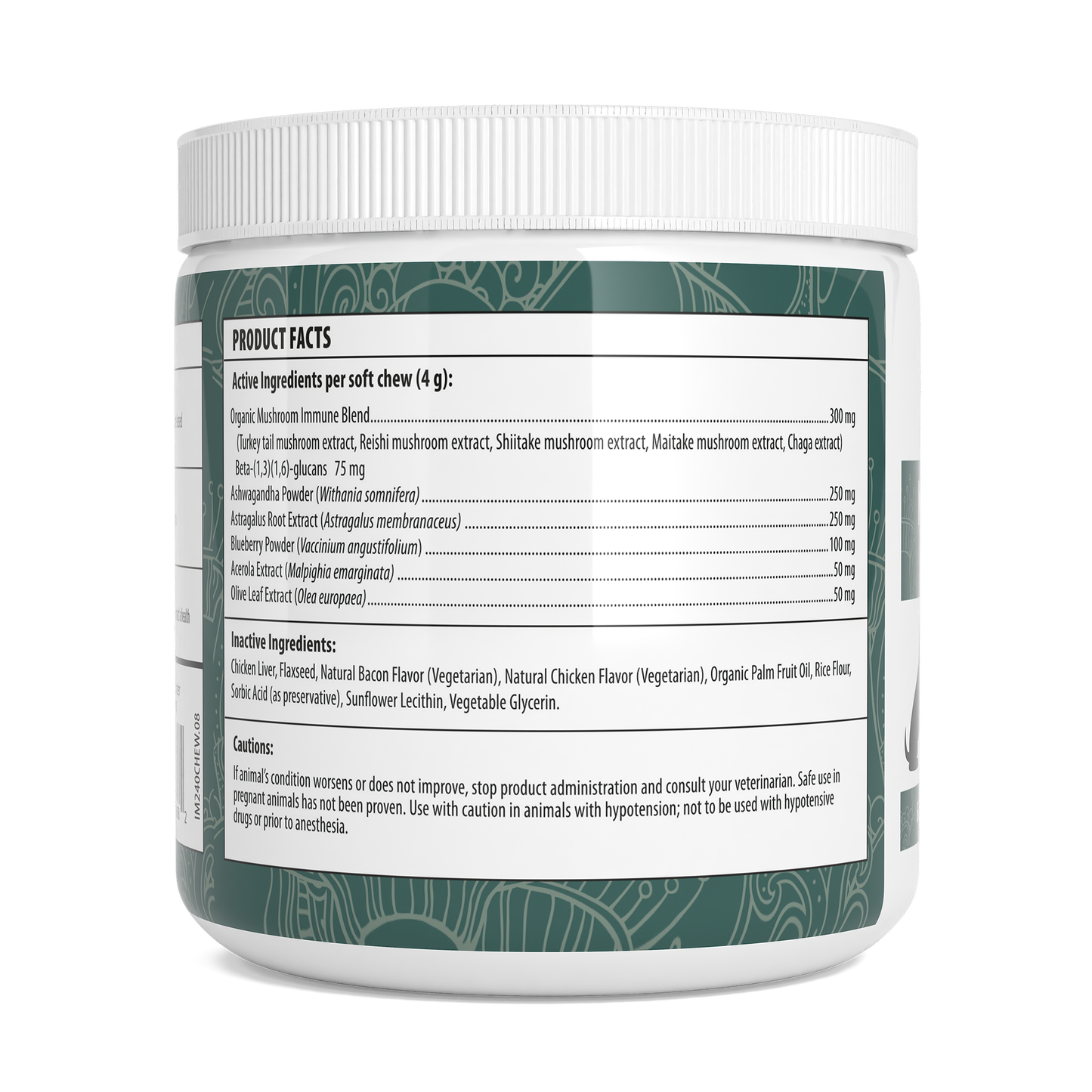 Close-up of a Mushroom Immune Pet Chews container label by Real Mushrooms, displaying product facts such as active and inactive ingredients, dosage, and usage instructions.