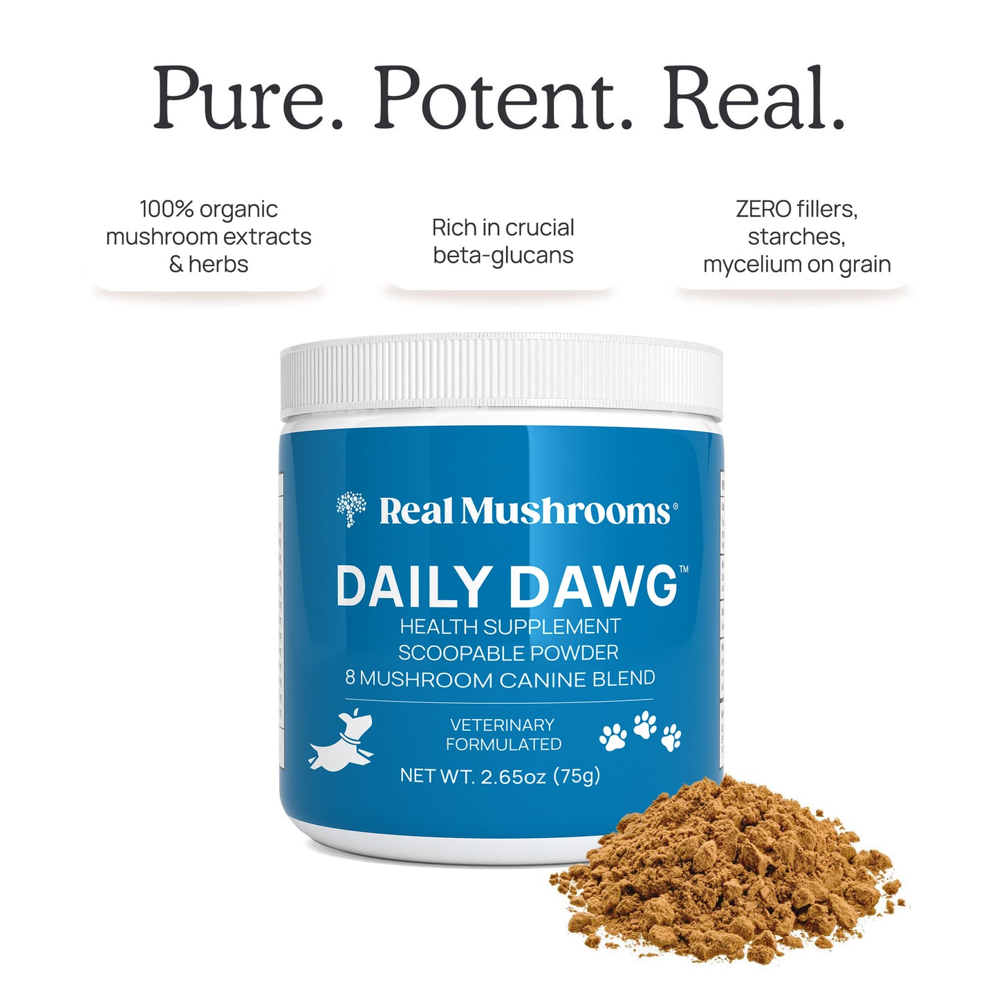 A blue tub of Real Mushrooms' Daily Dawg Powder for Pets sits beside a scoop of brown powder. Certified organic mushrooms, rich in Beta-glucans, support dog health with no fillers or starches.