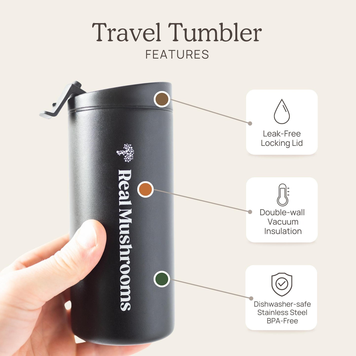 A hand holds the 12oz Travel Tumbler by Real Mushrooms, featuring a leak-proof locking lid, double-wall vacuum insulation, and dishwasher-safe, BPA-free stainless steel.