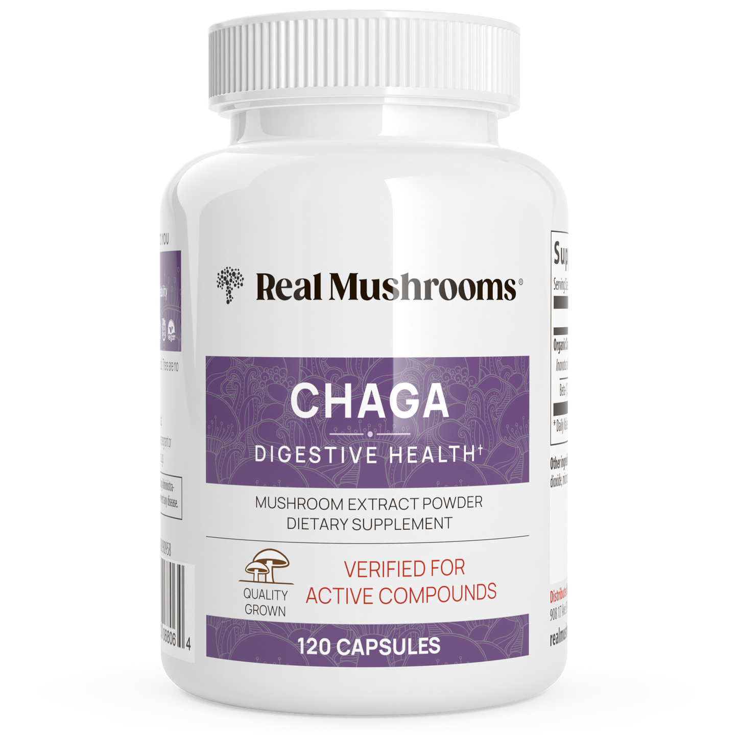 A white bottle labeled "Real Mushrooms Organic Chaga Extract Capsules," containing 120 capsules of organic Chaga mushroom extract rich in beta-glucans, a dietary supplement for digestive support.