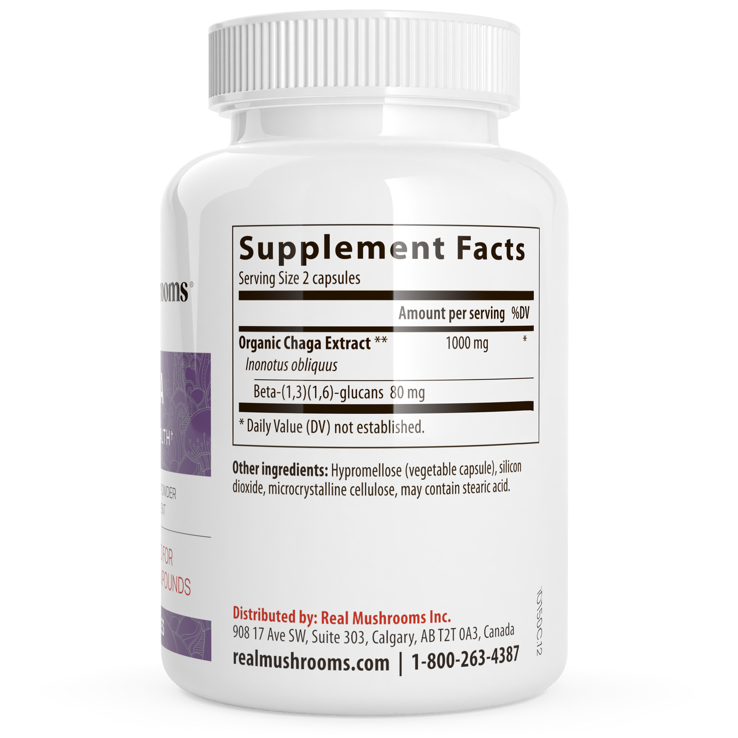 White supplement bottle labeled "Real Mushrooms" featuring Supplement Facts for Organic Chaga Extract Capsules, including beta-glucans content and additional ingredient details.
