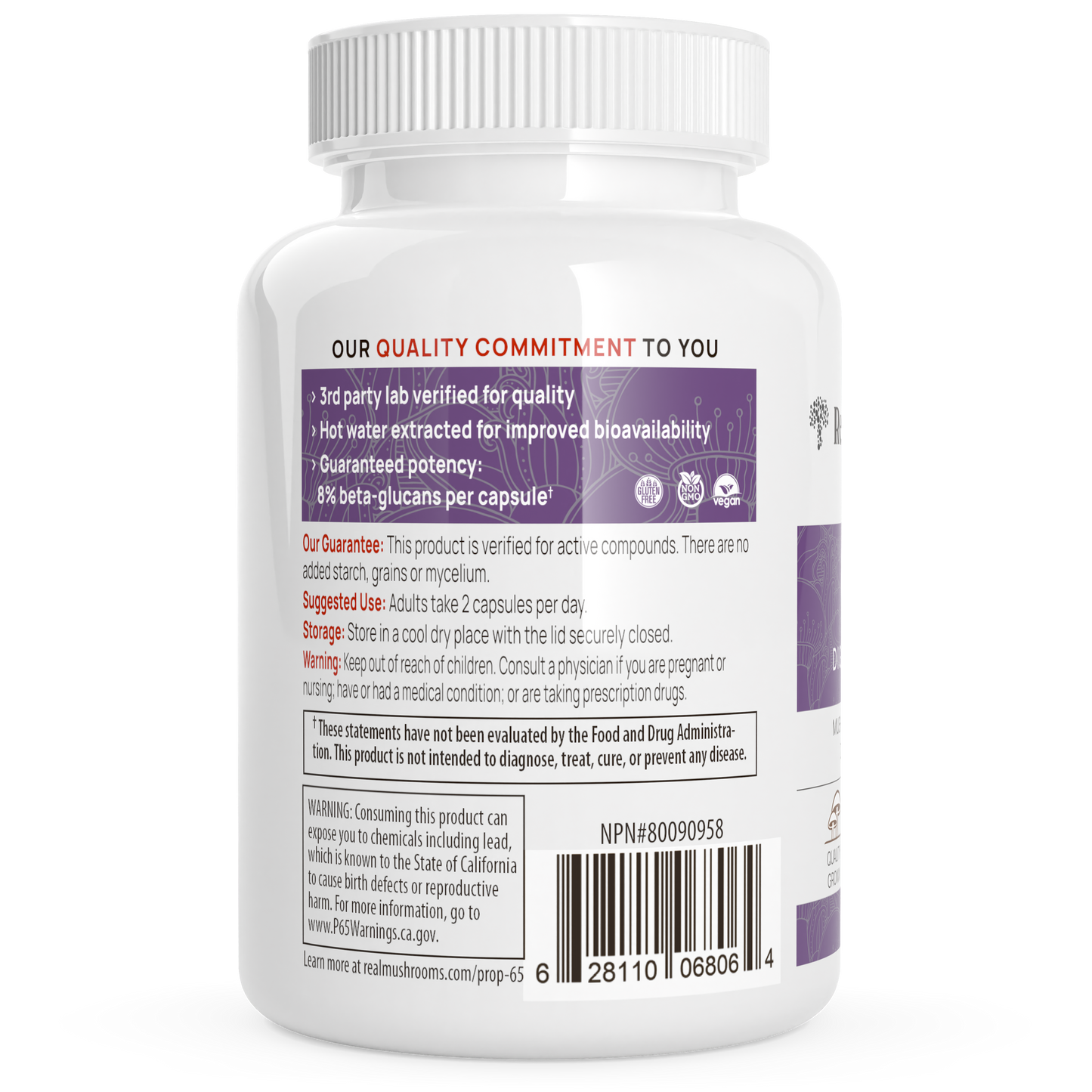 White bottle of Real Mushrooms Organic Chaga Extract Capsules with label showing quality commitment, dosage, organic Chaga details, storage instructions, warnings, barcode, and website.