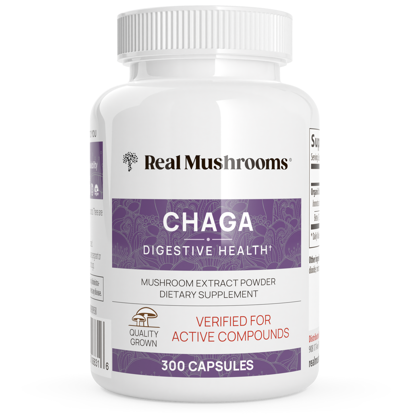 White bottle labeled "Real Mushrooms Organic Chaga Extract Capsules," containing 300 organic capsules, a dietary supplement rich in beta-glucans for digestive health.