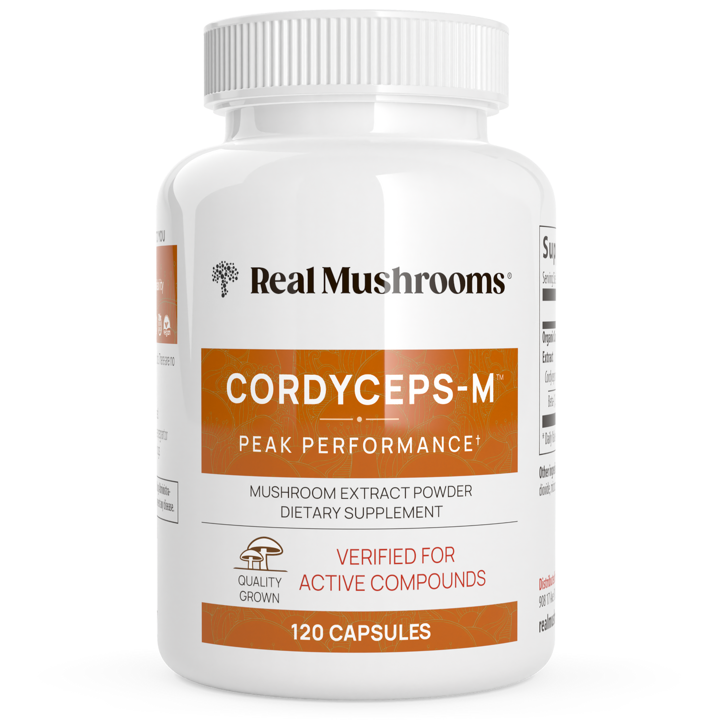 A white bottle labeled "Real Mushrooms Organic Cordyceps Extract Capsules," containing 120 capsules of mushroom extract powder for natural energy support and enhanced stamina.