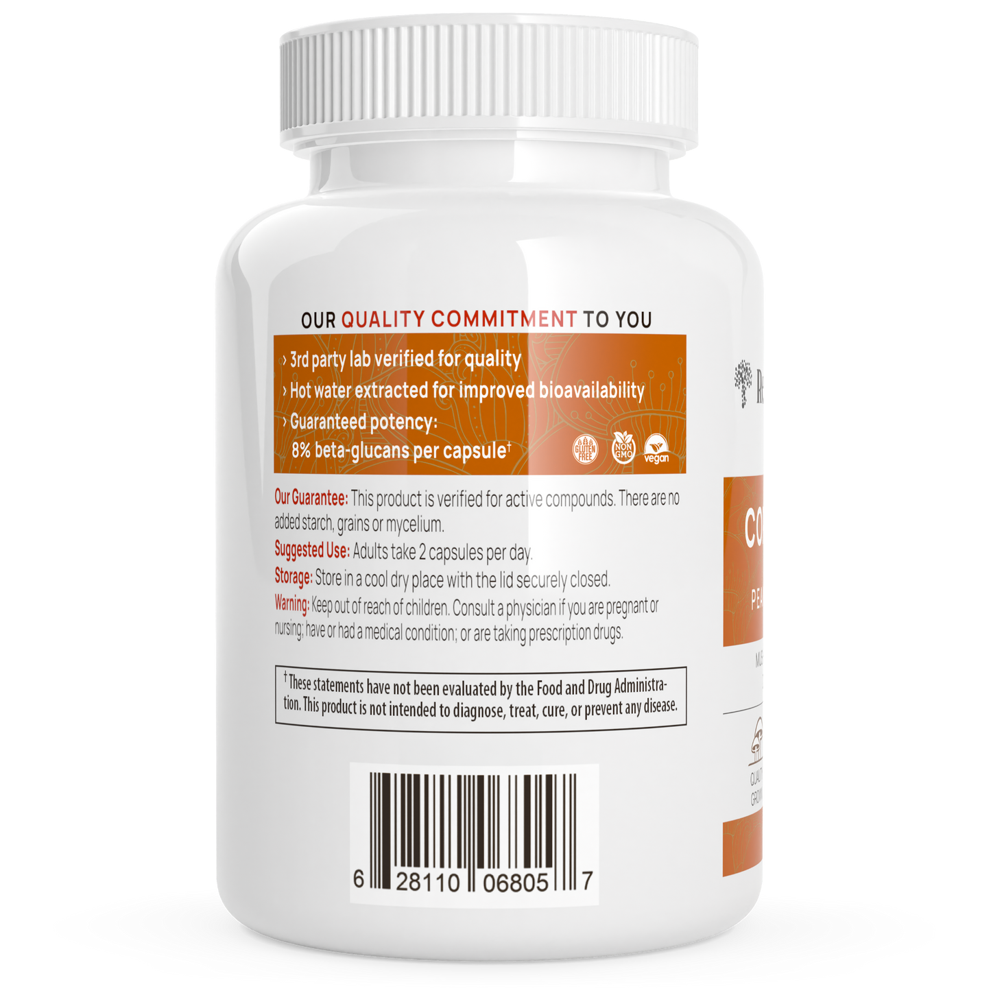 White bottle with brown label featuring product details, usage directions, storage info, and barcode. Real Mushrooms' Organic Cordyceps Extract Capsules emphasize quality and Cordyceps for stamina and energy support.