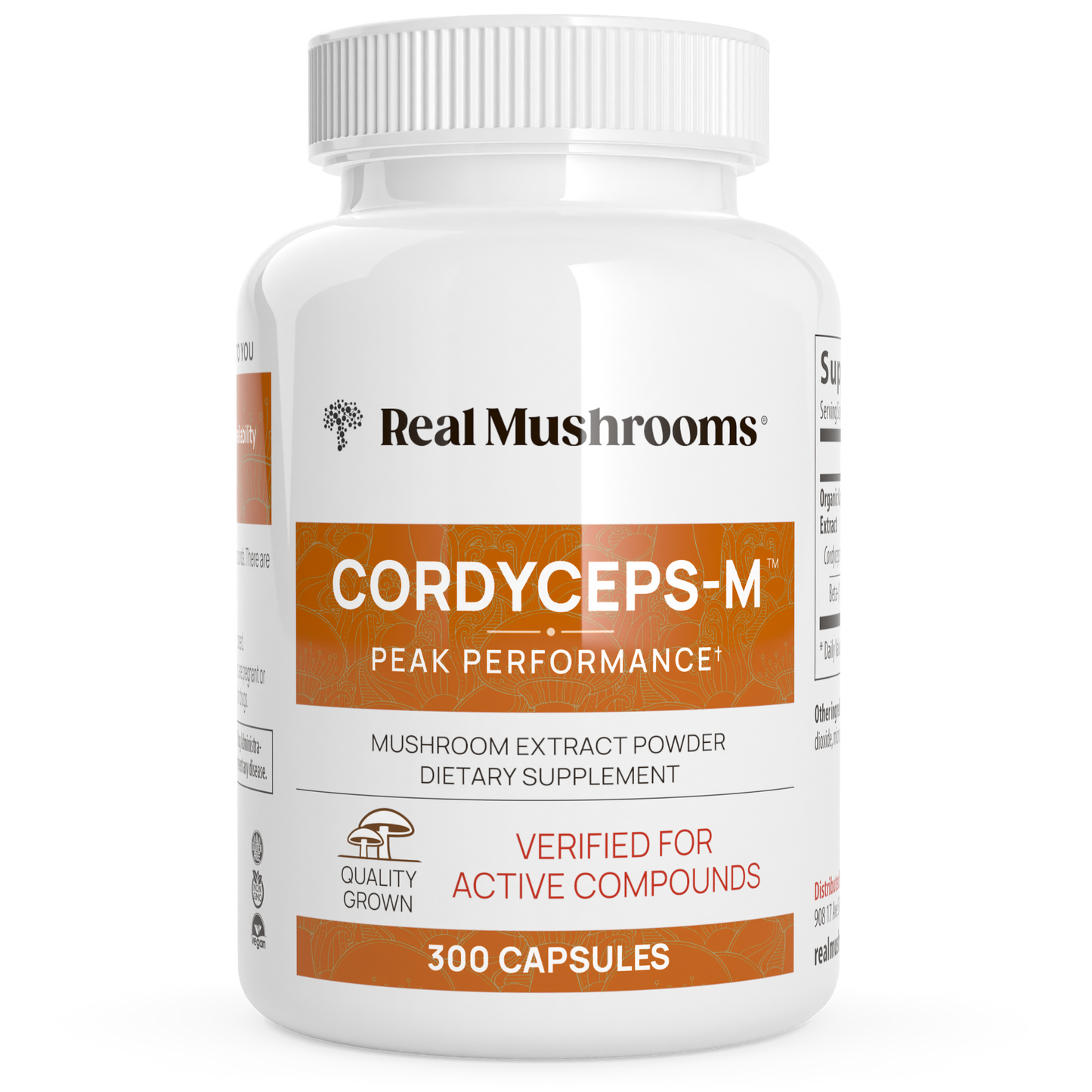 A white bottle labeled "Real Mushrooms Organic Cordyceps Extract Capsules" contains 300 organic capsules, providing a natural energy supplement boost with Cordyceps mushroom extract.