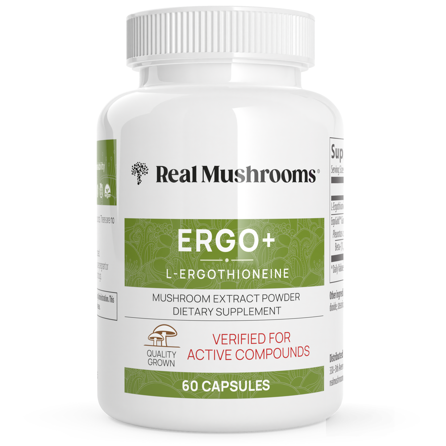 A white bottle labeled "Real Mushrooms Ergo+ Ergothioneine Supplement," featuring mushroom extract powder, dietary supplement, 60 capsules.