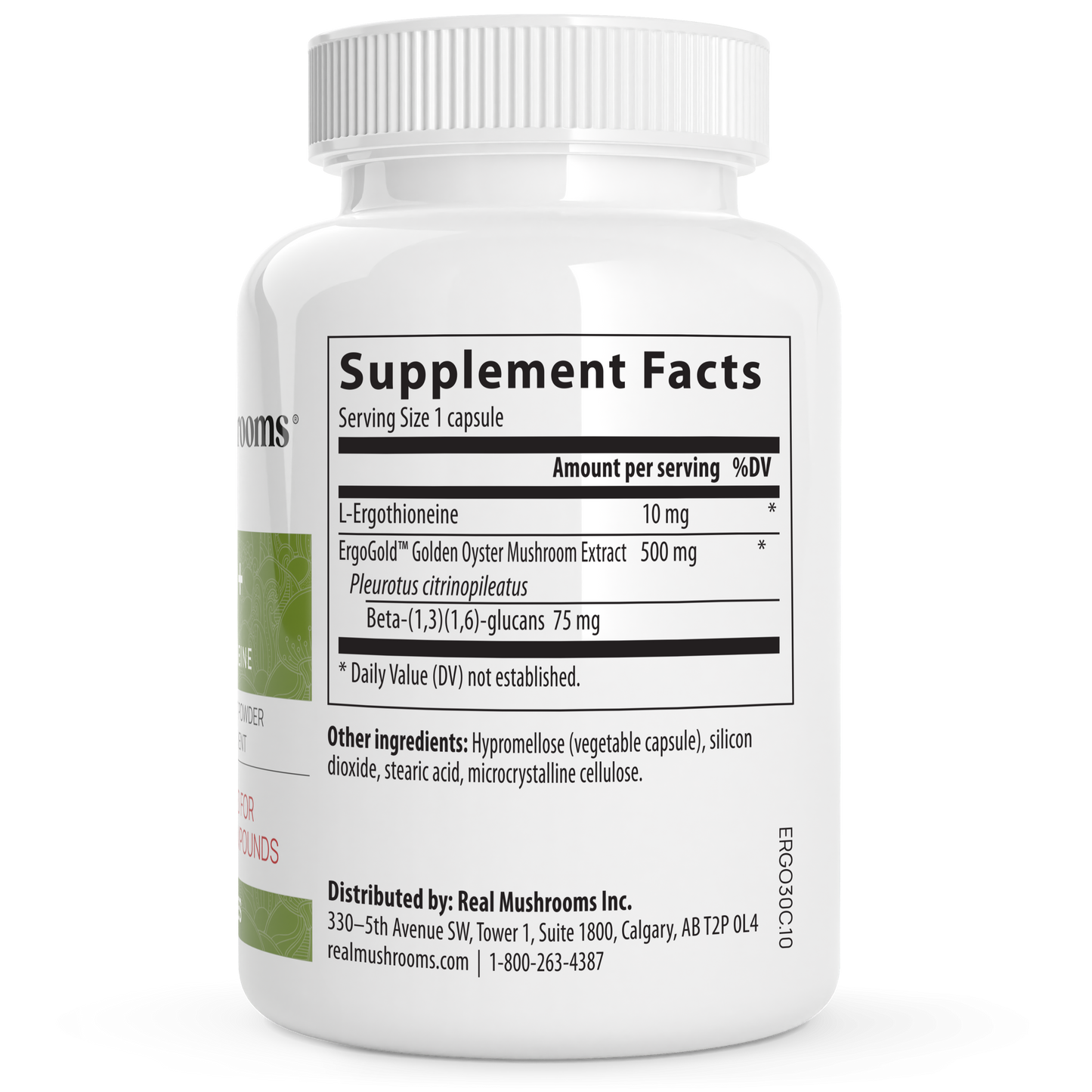 White bottle of Real Mushrooms Ergo+ Ergothioneine Supplement displays the Supplement Facts label, listing ingredients like L-ergothioneine and golden oyster mushrooms, with a serving size of 1 capsule.