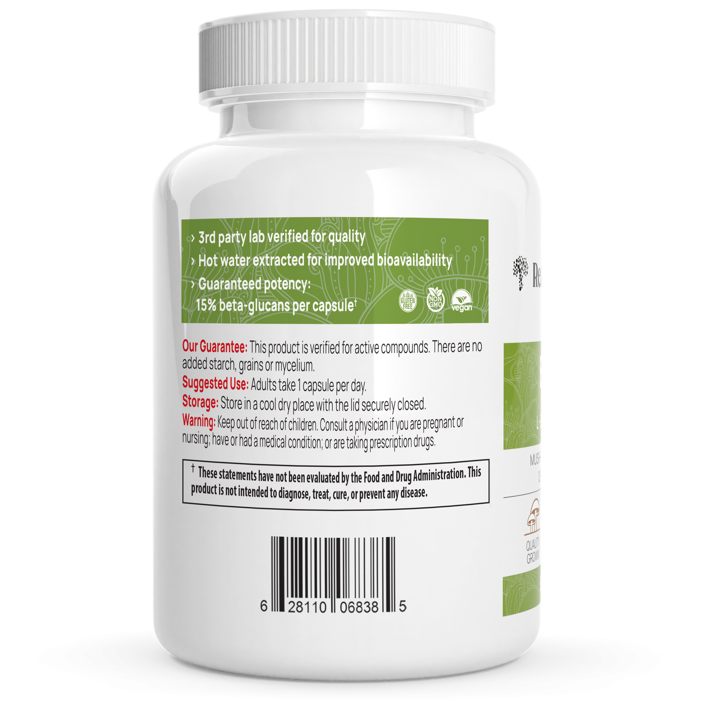 White bottle of Real Mushrooms Ergo+ Ergothioneine Supplement with a green label displaying usage instructions, storage info, warnings, and quality and potency guarantee from golden oyster mushrooms.