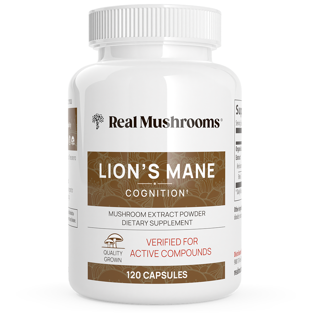 A white bottle labeled "Real Mushrooms Organic Lion's Mane Extract Capsules" contains 120 capsules made from organic mushrooms, formulated as a dietary supplement to support cognitive and immune health.