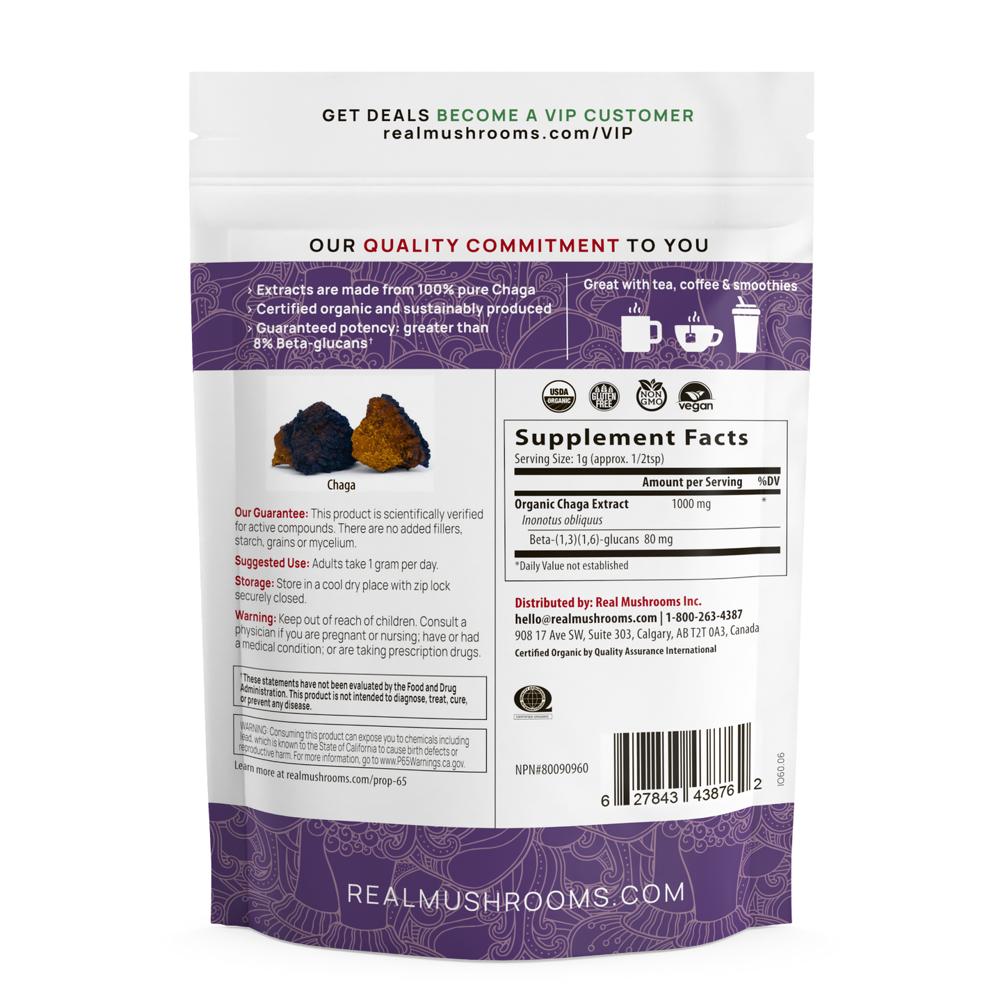 Back of a Real Mushrooms Organic Chaga Extract Powder pouch showing product info, supplement facts, usage suggestions, and barcode. Features organic chaga extract with beta-glucans to support optimal wellness.