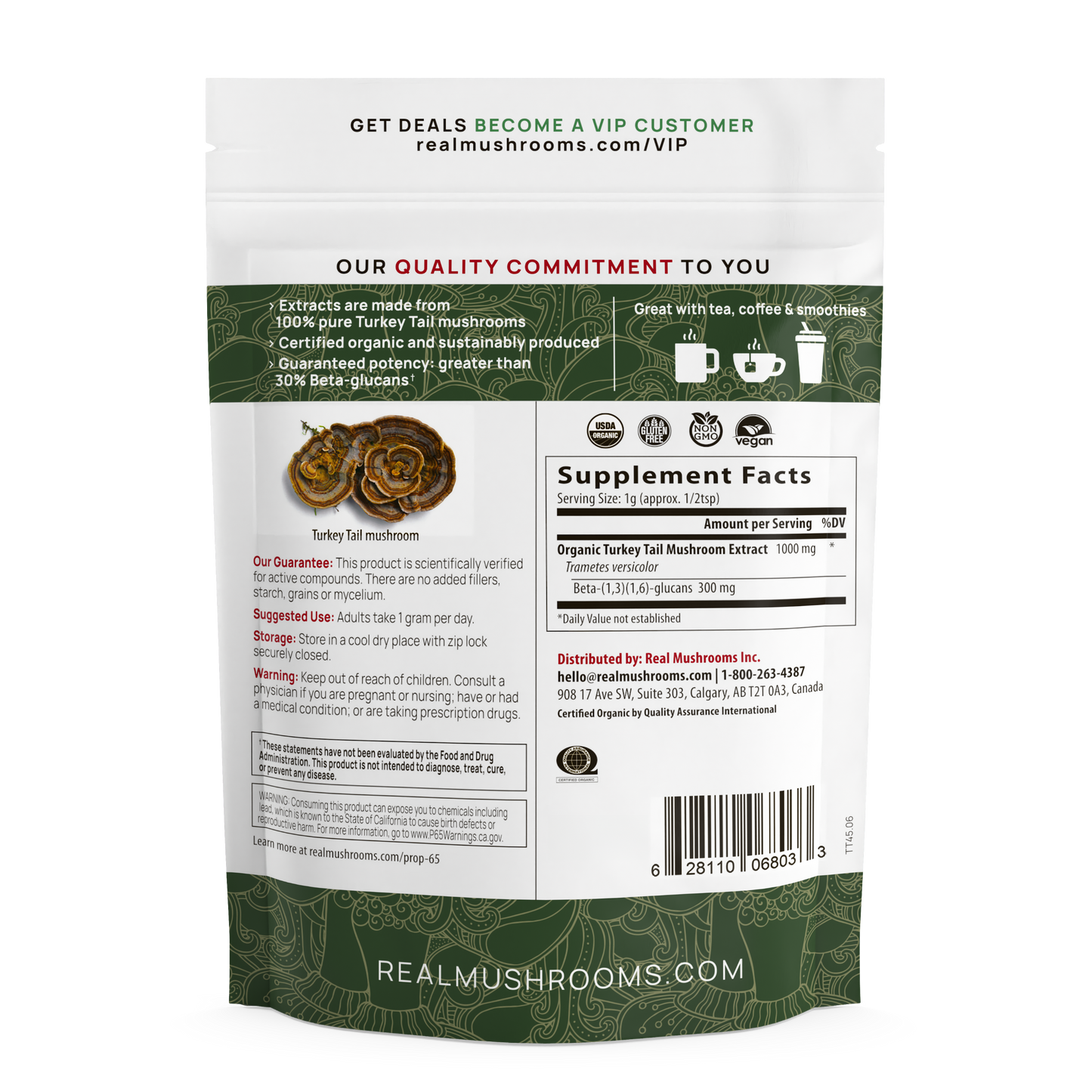 Back of a Real Mushrooms Turkey Tail Extract - Bulk Powder package showing supplement facts, usage directions, ingredients (Turkey Tail extract), barcode, and Real Mushrooms’ quality commitment to organic immune health supplements.
