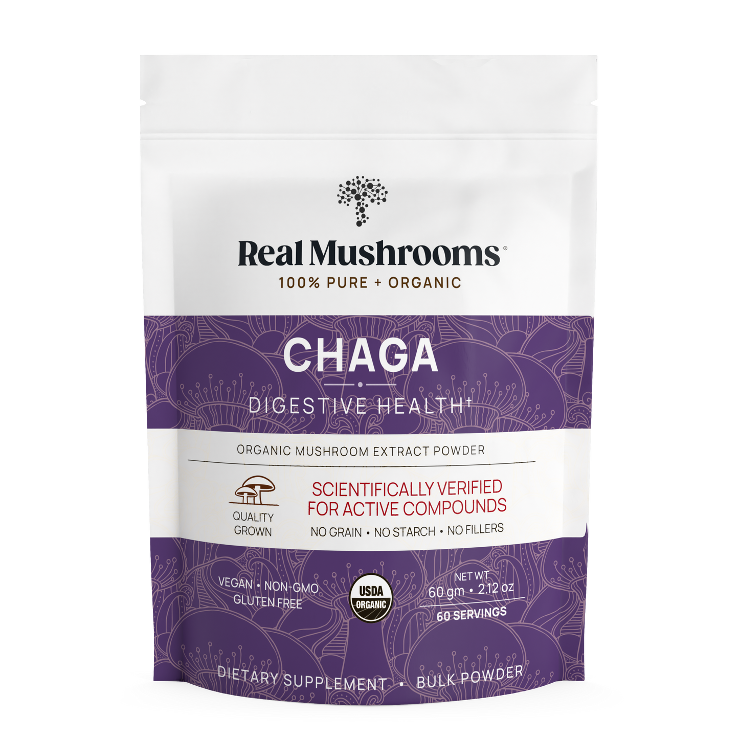 A white resealable pouch of Real Mushrooms Organic Chaga Extract Powder, featuring labels for digestive health and beta-glucans, plus certification icons and product info on the front.