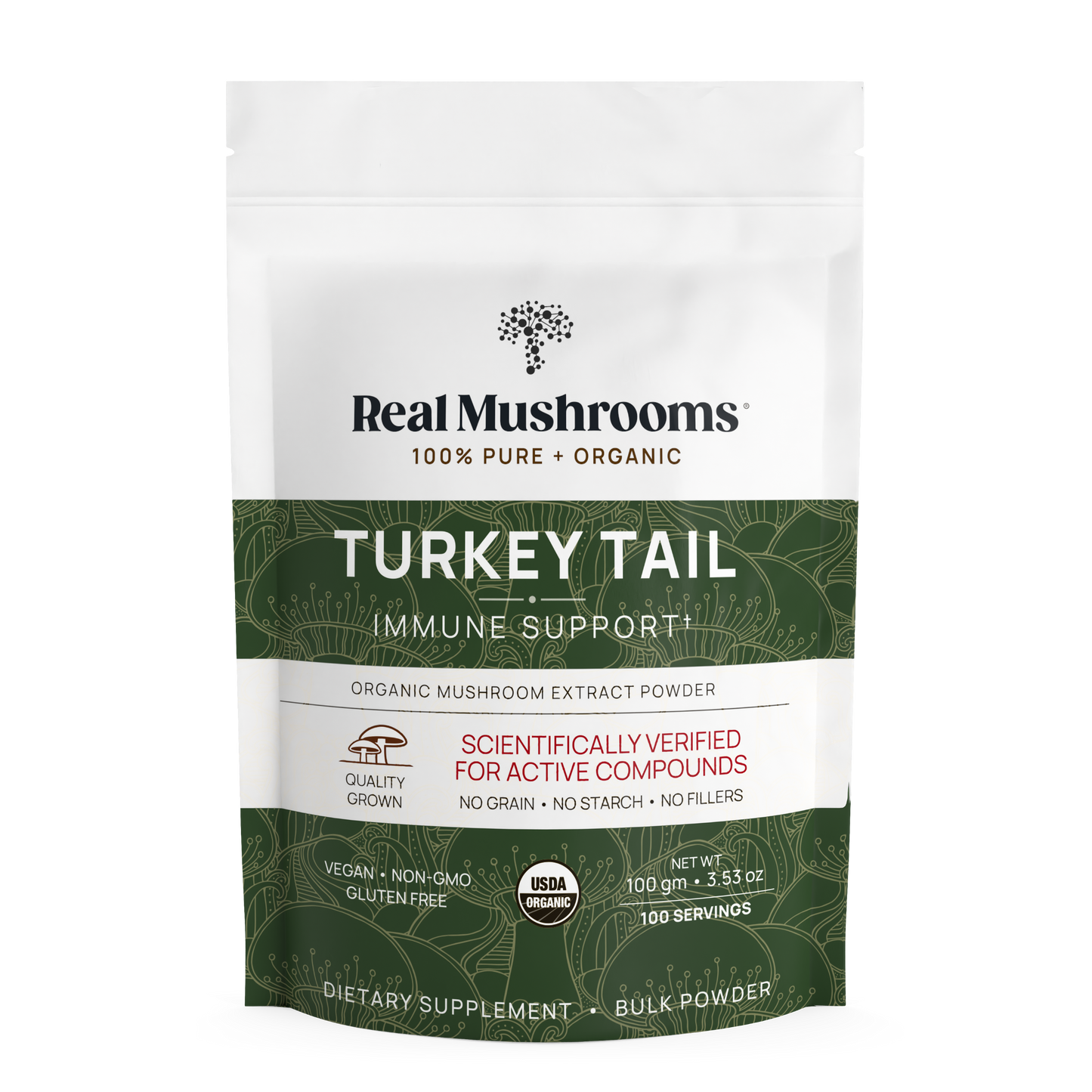 Front of Real Mushrooms Turkey Tail Extract - Bulk Powder pouch, showcasing immune health support, organic mushroom supplement benefits, vegan and gluten-free formula, 100 servings per pack, and science-verified active compounds.