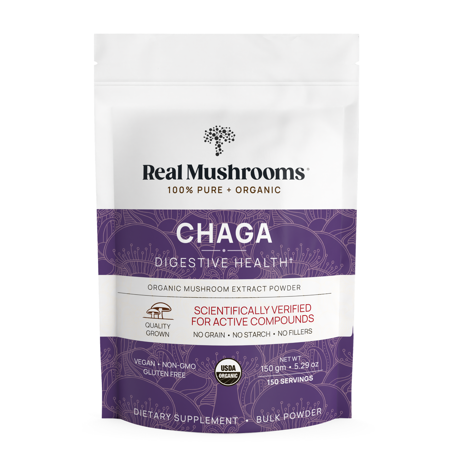 A package of Real Mushrooms Organic Chaga Extract Powder with product details, beta-glucans content, and certifications displayed on the front label.