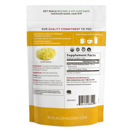 A bag of Organic Tremella Mushroom Extract Powder for Pets with the Real Mushrooms label on it.