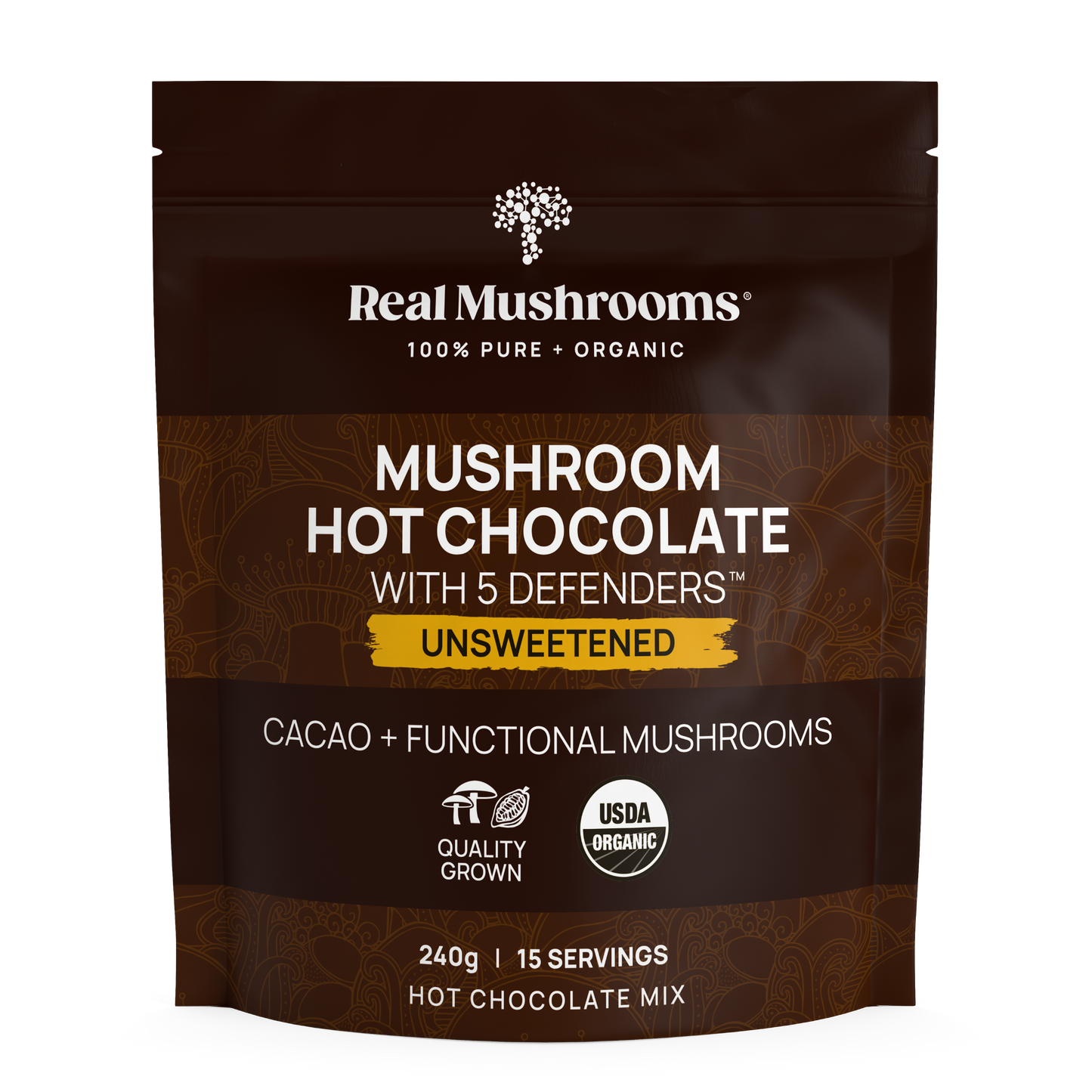 A brown, resealable bag of Real Mushrooms Mushroom Hot Chocolate Mix displays heirloom cacao, organic mushroom extract, mushrooms, and a USDA Certified Organic seal on its label.