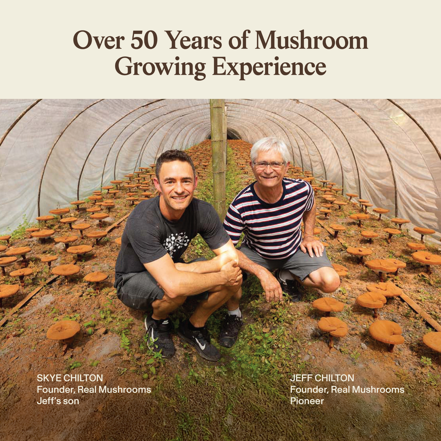 Inside a greenhouse of mushrooms, two experts—labeled with names and roles—kneel. Text above: "Over 50 Years of Mushroom Growing Experience." They're the team behind Real Mushrooms' Daily Dawg Powder for Pets, supporting whole-body dog wellness.