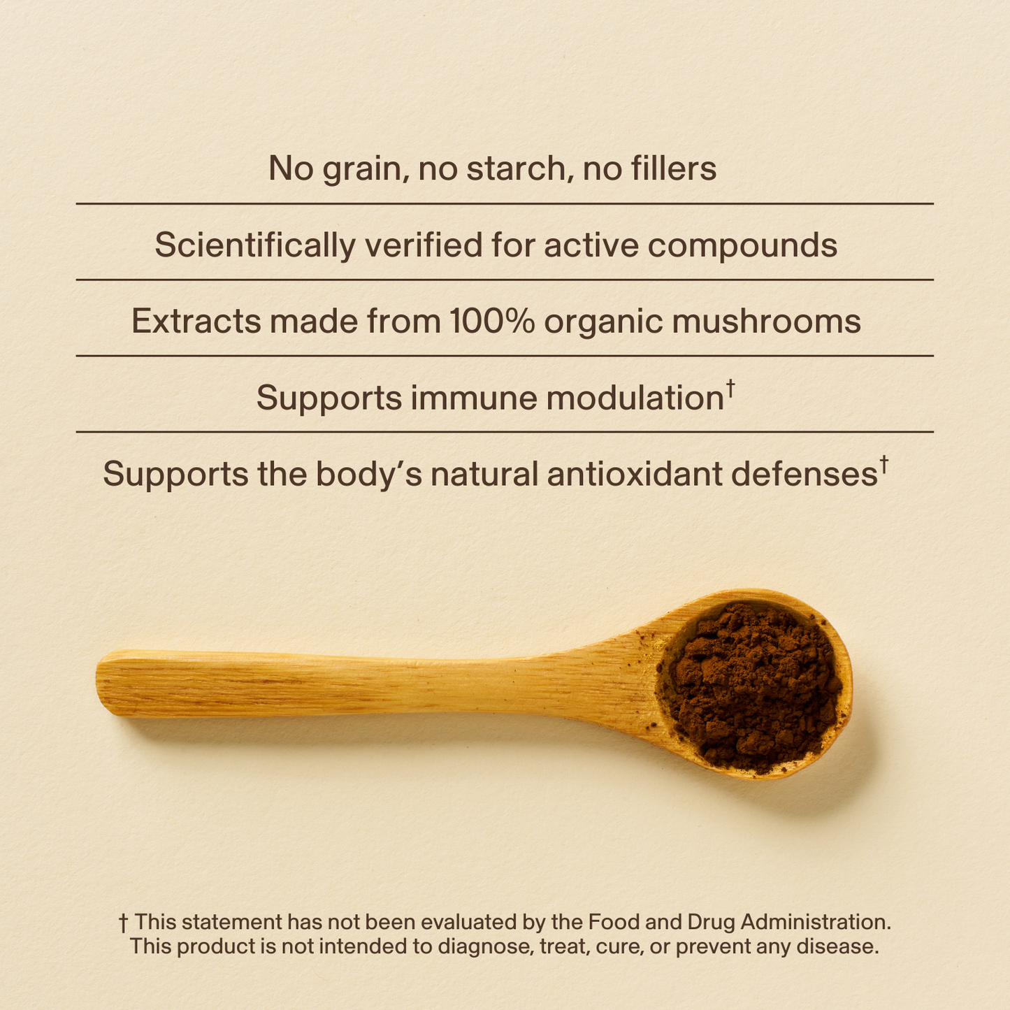 A bottle of Real Mushrooms Organic Chaga Extract Capsules on a tan background emphasizes immune support and organic supplements. Features include pure mushrooms and no fillers. FDA disclaimer is shown at the bottom.
