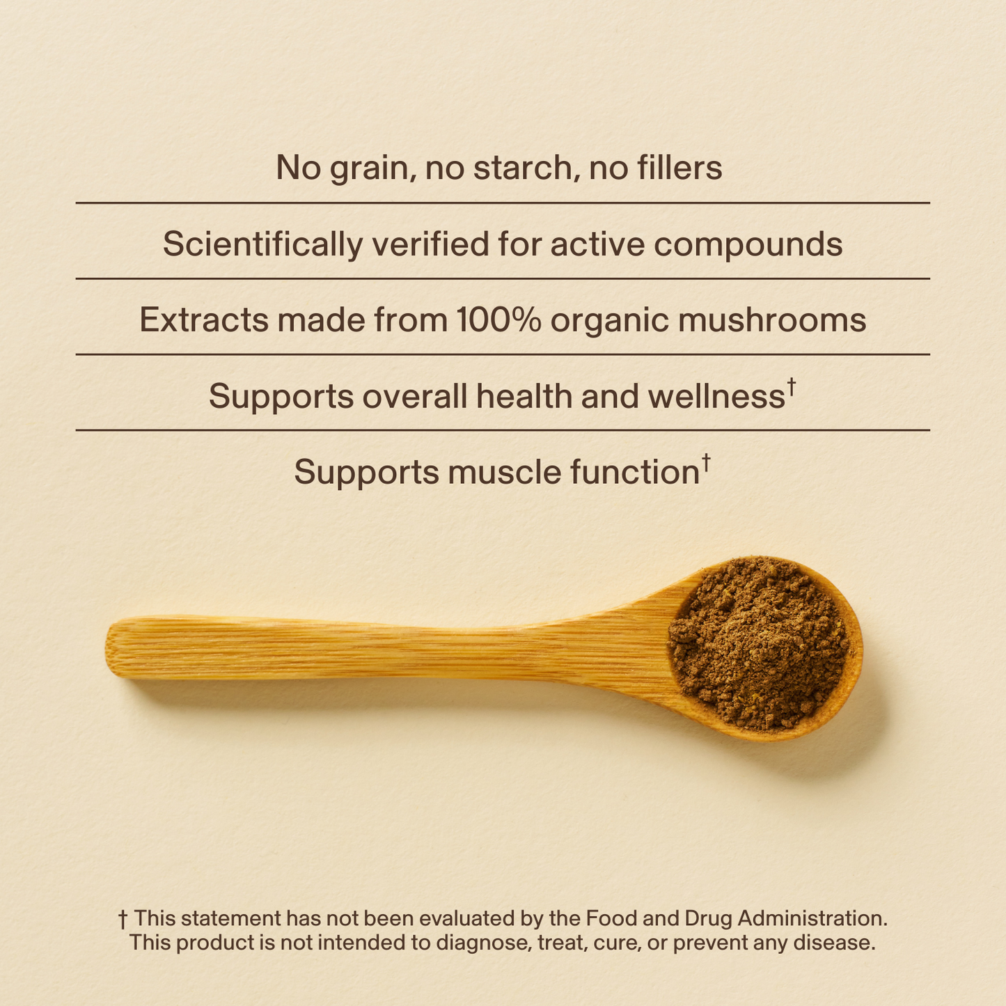 A wooden spoon with Real Mushrooms' Vitamin D from Organic Mushrooms powder sits below text highlighting its benefits: no fillers, scientifically verified, and supports overall health and muscle function.