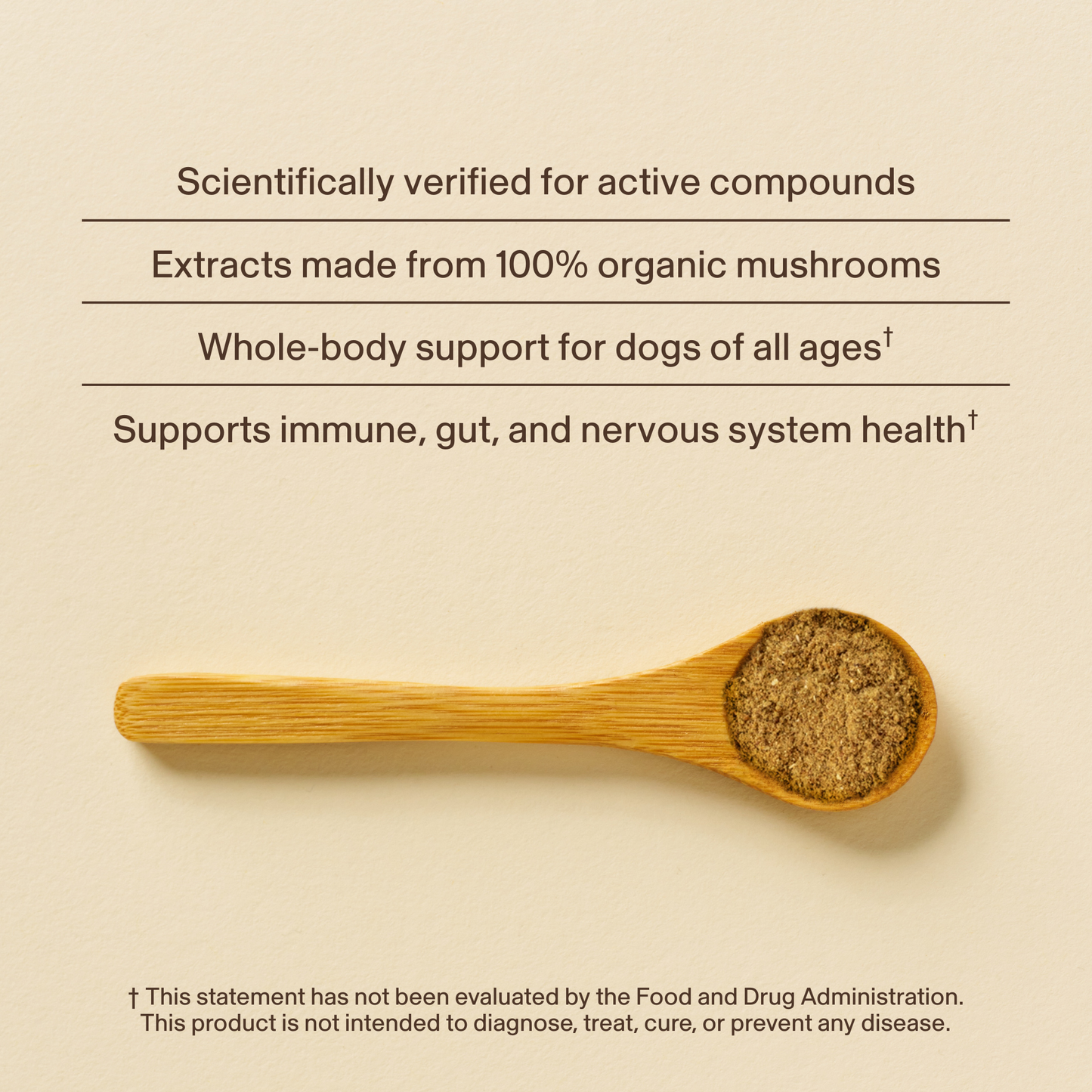 A wooden spoon with Real Mushrooms’ Daily Dawg Powder for Pets on a beige background, featuring text about health benefits and an FDA disclaimer.