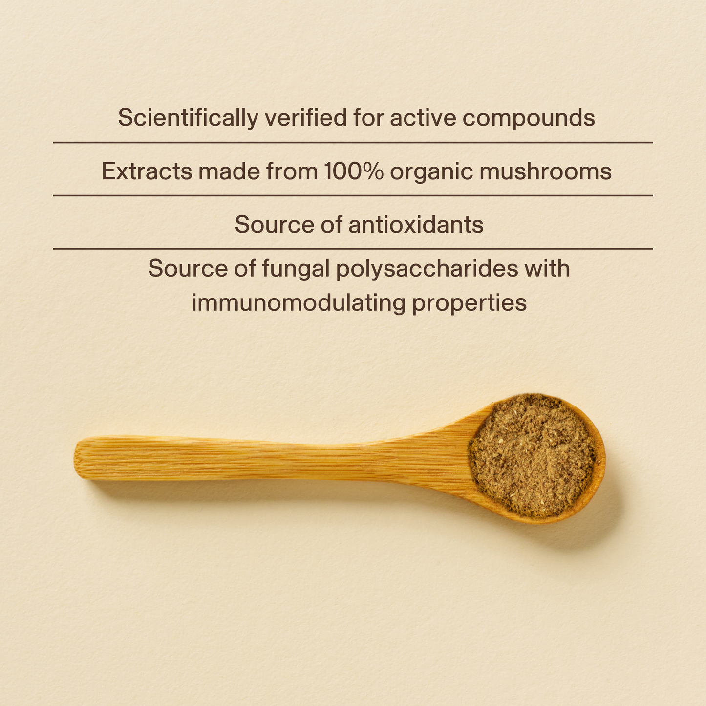 Real Mushrooms’ Daily Dawg Powder for Pets—organic mushroom powder—rests on a beige background beside text highlighting its scientific verification, organic sourcing, antioxidants, and whole-body wellness benefits for dogs.