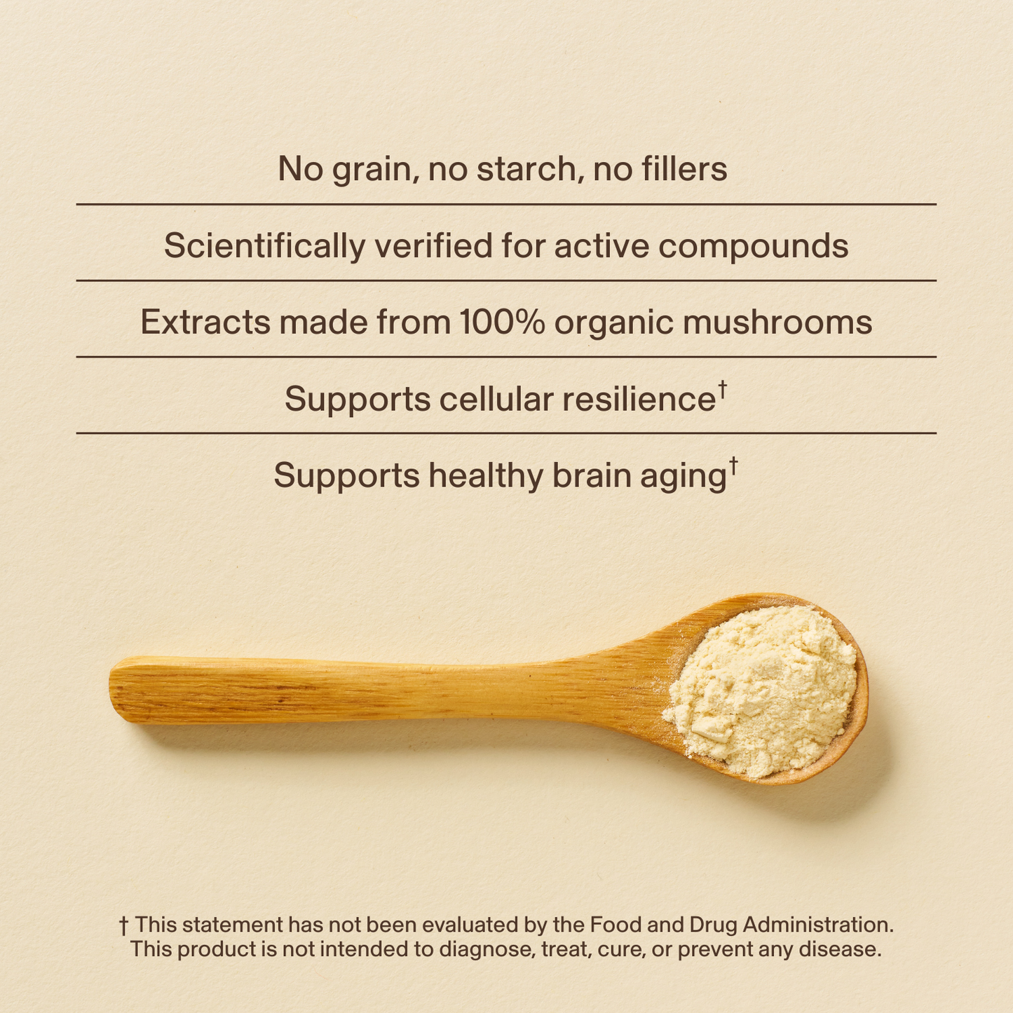 A wooden spoon holds Real Mushrooms' Ergo+ Ergothioneine Supplement powder, rich in L-ergothioneine from golden oyster mushrooms, on a beige background with text on antioxidant benefits and an FDA disclaimer.