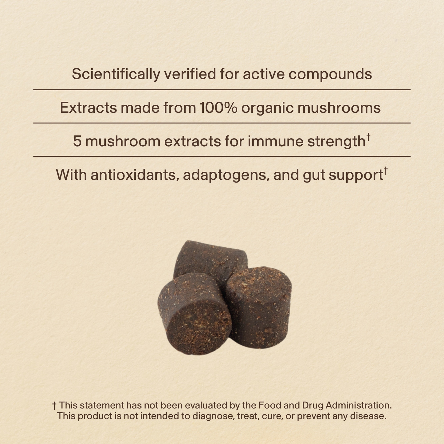 Three dark brown Real Mushrooms Mushroom Immune Pet Chews are shown under text highlighting organic mushroom extracts, antioxidants, adaptogens, and immune support for pets, with a disclaimer on FDA evaluation.