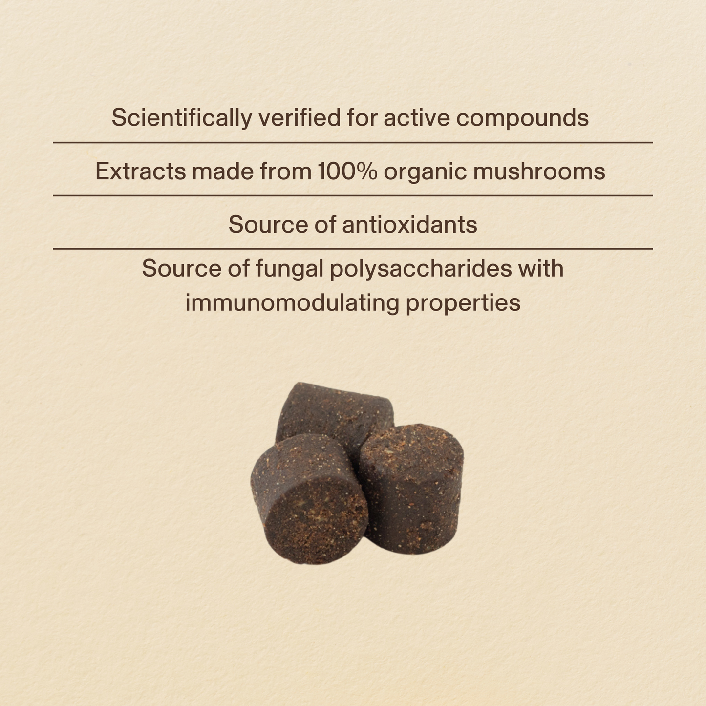 Three dark Mushroom Immune Pet Chews by Real Mushrooms rest on a light background beneath text highlighting their scientific verification, antioxidants, immunomodulating properties, and immune support for pets.