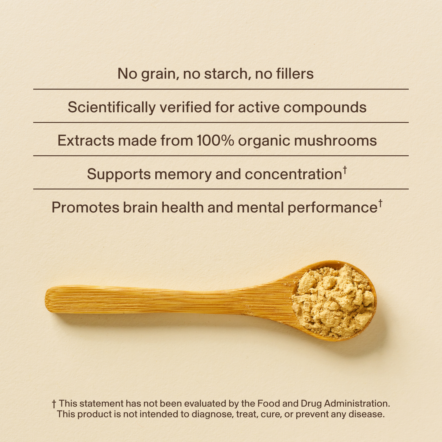 A wooden spoon with mushroom powder rests on beige, showcasing Real Mushrooms Organic Lion's Mane Extract Capsules. Highlights include organic benefits; these statements have not been evaluated by the FDA.