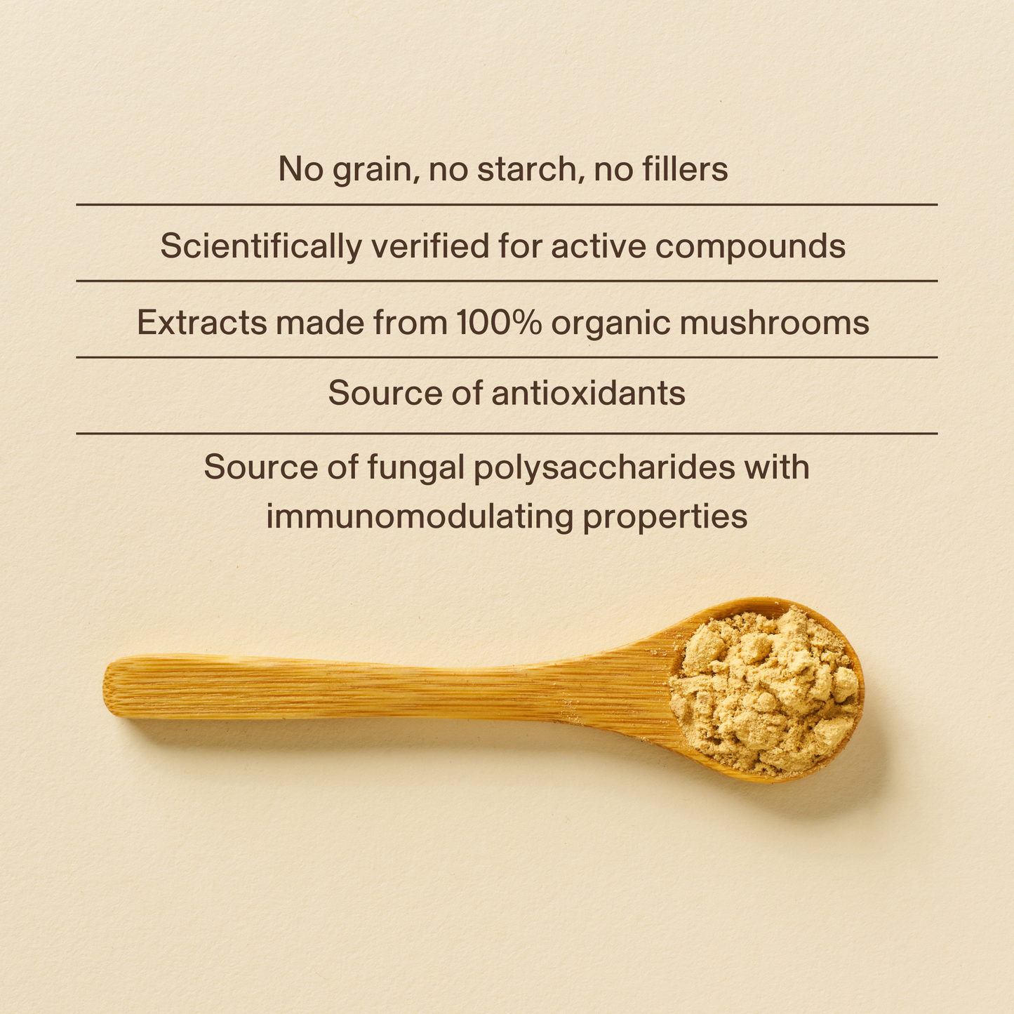 A wooden spoon with Real Mushrooms Lion’s Mane Mushroom Powder on a beige surface next to text highlighting cognitive support, organic mushrooms, and antioxidant properties.