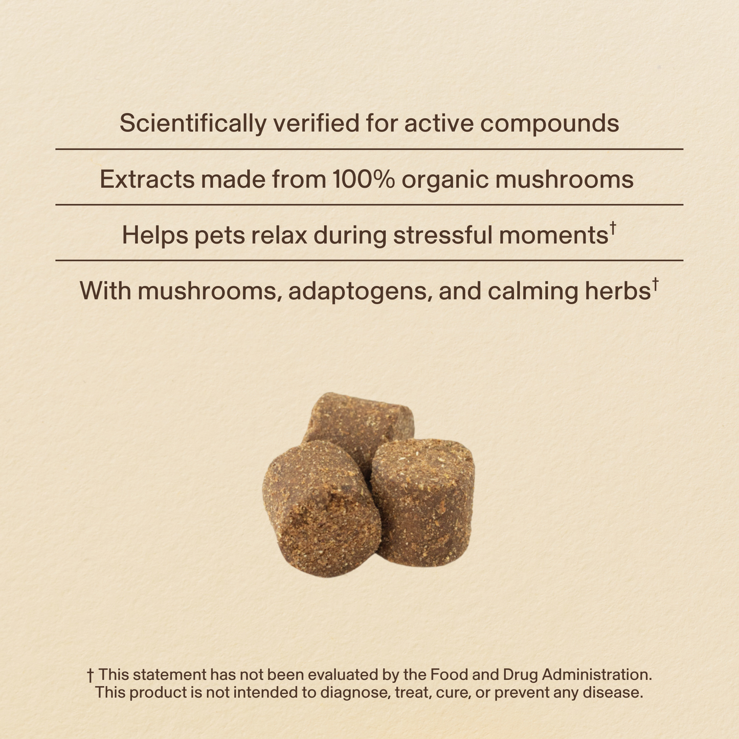 Three brown Mushroom Relax Pet Chews from Real Mushrooms are shown below text listing features like organic mushroom supplements and calming herbs, along with a disclaimer stating the product is not evaluated by the FDA.