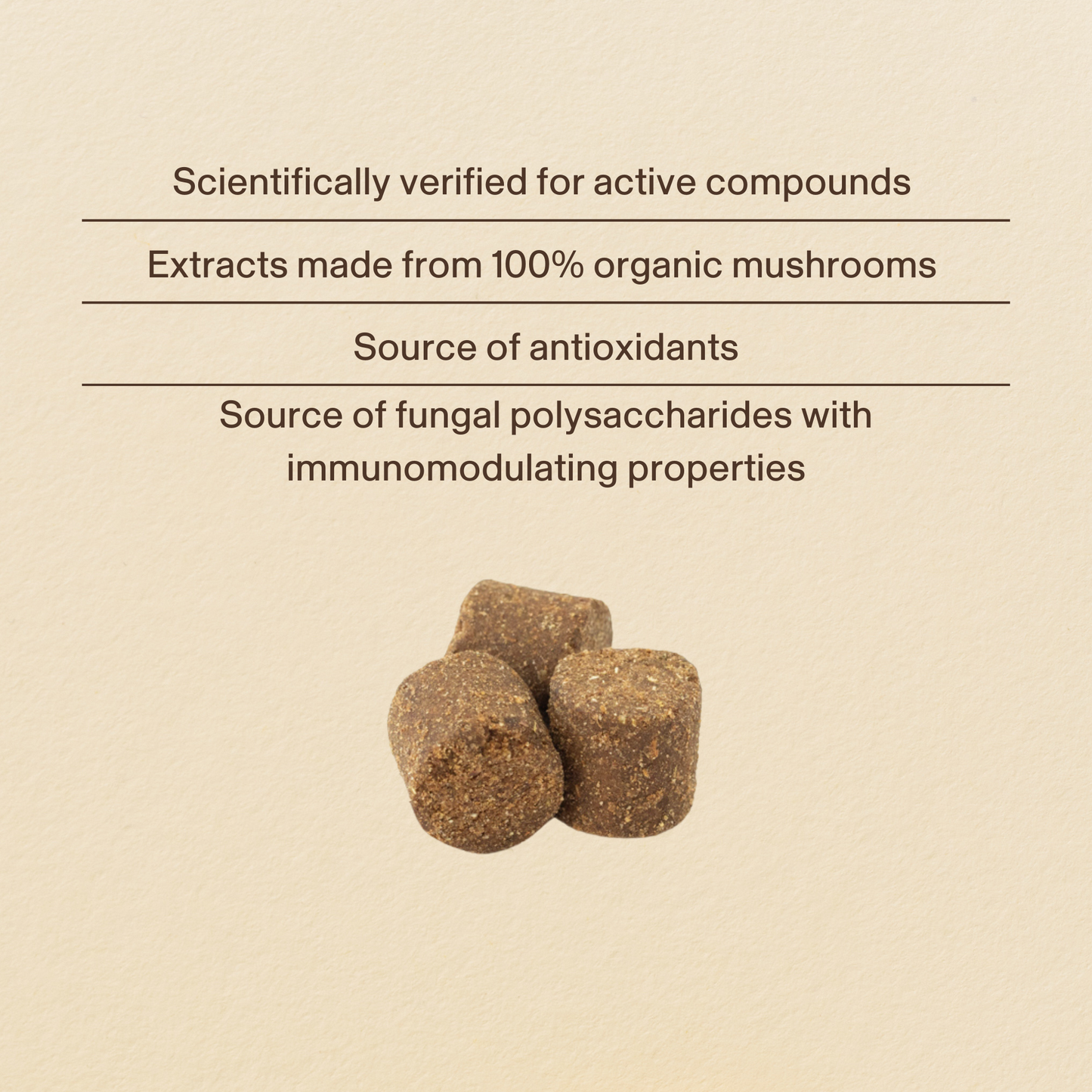 Three brown Mushroom Relax Pet Chews by Real Mushrooms are shown below text highlighting scientific verification, organic mushroom supplements, antioxidants, and immunomodulating polysaccharides. Perfect for pet stress relief. Beige background.