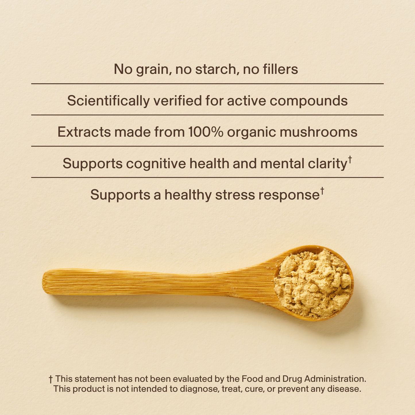 A wooden spoon with a mound of RealClarity by Real Mushrooms—Lion's Mane, Ashwagandha, Rhodiola, and Bacopa—beside listed benefits and an FDA evaluation disclaimer.