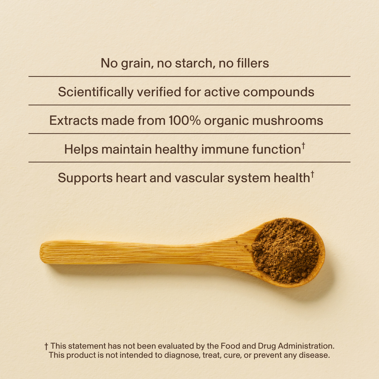A wooden spoon with powder sits below text highlighting immune and heart health benefits of organic mushroom extracts—featuring beta-glucans found in Real Mushrooms Organic Reishi Mushroom Capsules.