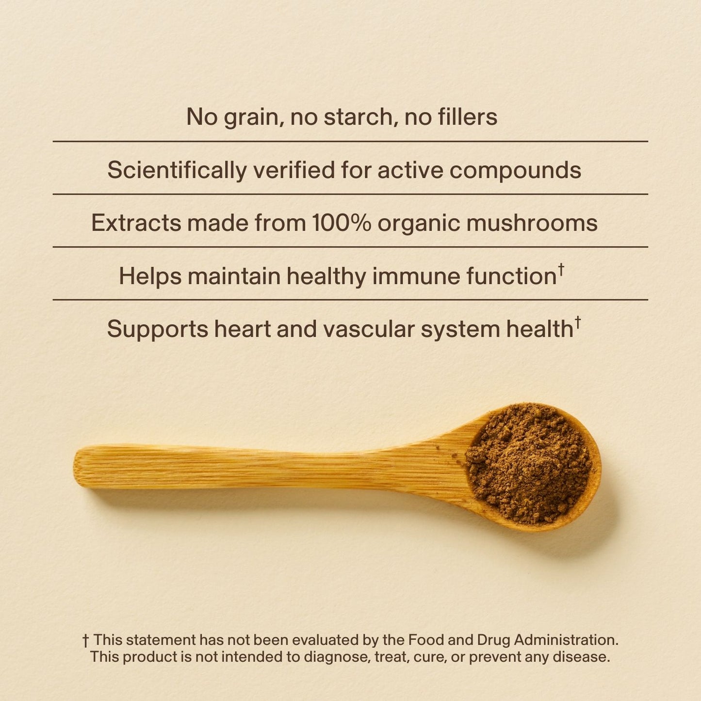 A wooden spoon with mushroom powder next to text showing Organic Reishi Mushroom Capsules by Real Mushrooms, highlighting immune and heart support from beta-glucans, plus an FDA disclaimer at the bottom.