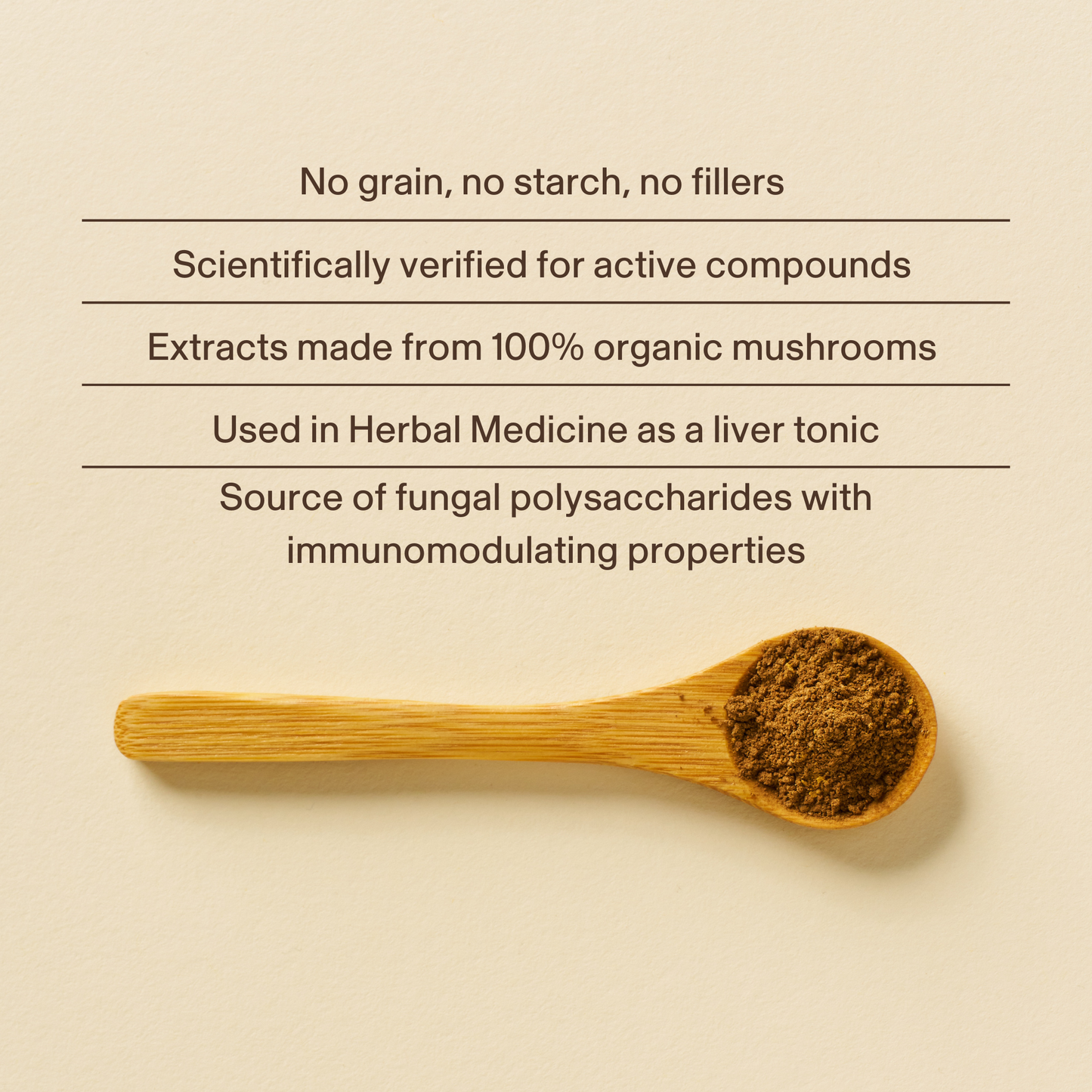A wooden spoon with Real Mushrooms Organic Reishi Mushroom Powder – Bulk Extract beside text highlighting benefits like being filler-free, high in beta-glucans, and traditionally used for liver health and immune support.