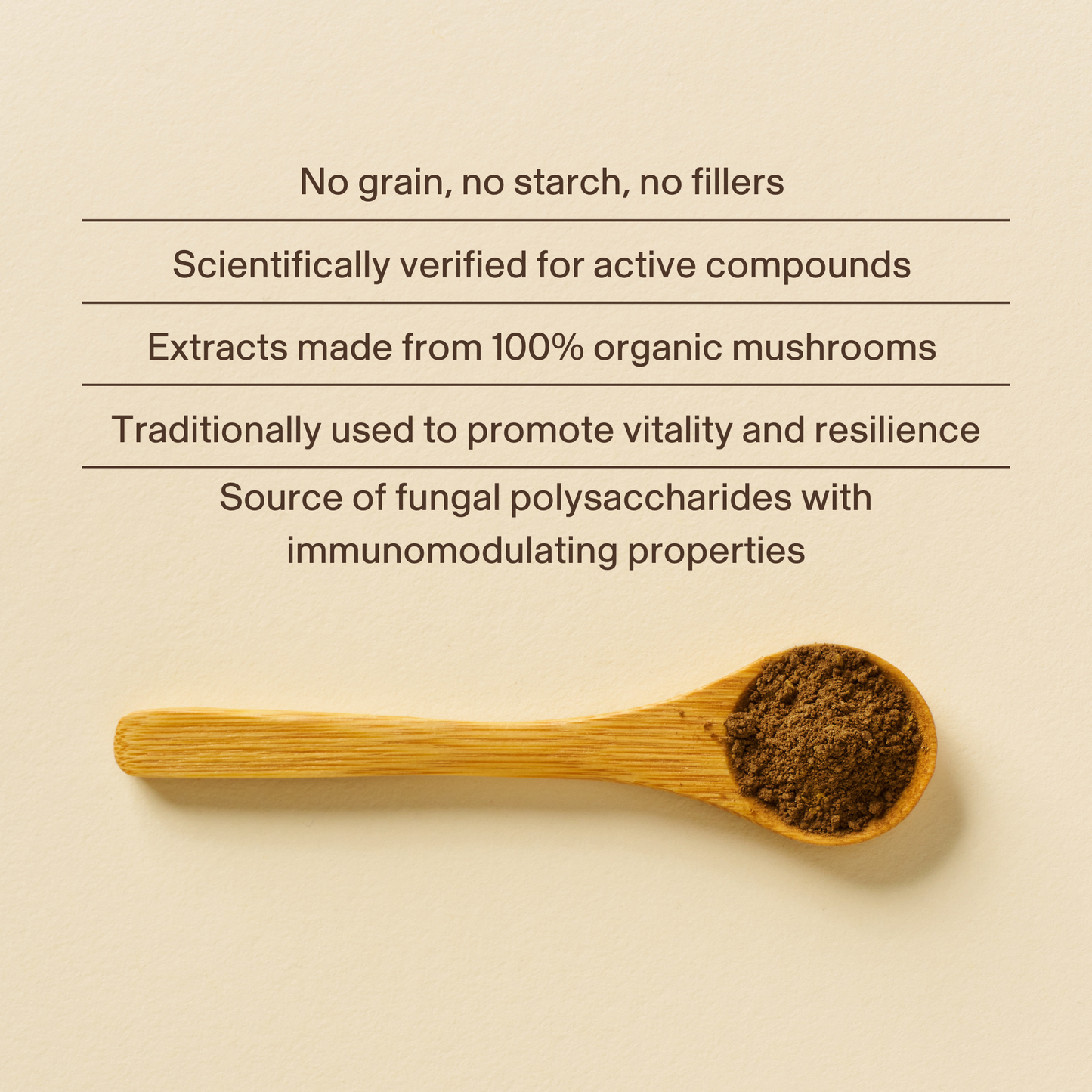 A wooden spoon holds mushroom powder beneath text highlighting that Real Mushrooms' Turkey Tail Mushroom Capsules are organic, grain-free, rich in beta-glucans, and provide immune support.