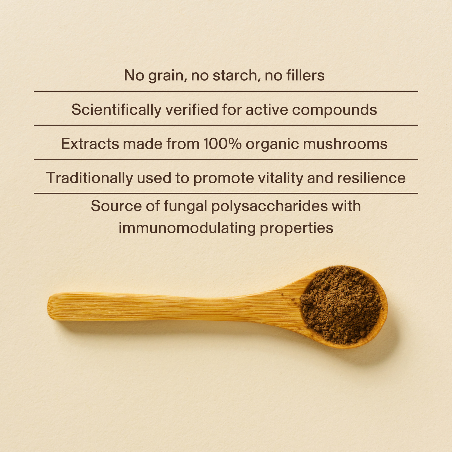 A bottle of Real Mushrooms Turkey Tail Extract Capsules for Pets sits beside a wooden spoon with mushroom powder and text highlighting the supplement’s benefits on a light background.