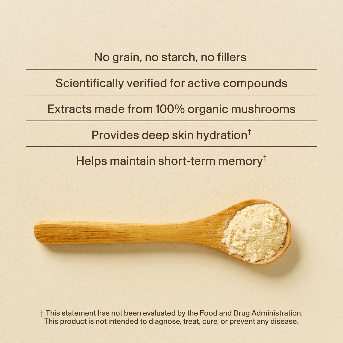 A wooden spoon with Real Mushrooms Organic Tremella Extract Powder rests on a beige surface. Text highlights its skin, hair, and nail benefits—this mushroom extract is made from organic Tremella mushrooms.