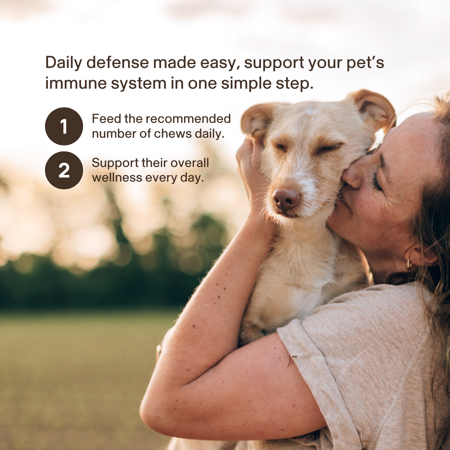 Woman hugging a dog outdoors with text: Support your pet’s immune system with Real Mushrooms Mushroom Immune Pet Chews, made from organic mushroom extracts for overall wellness.