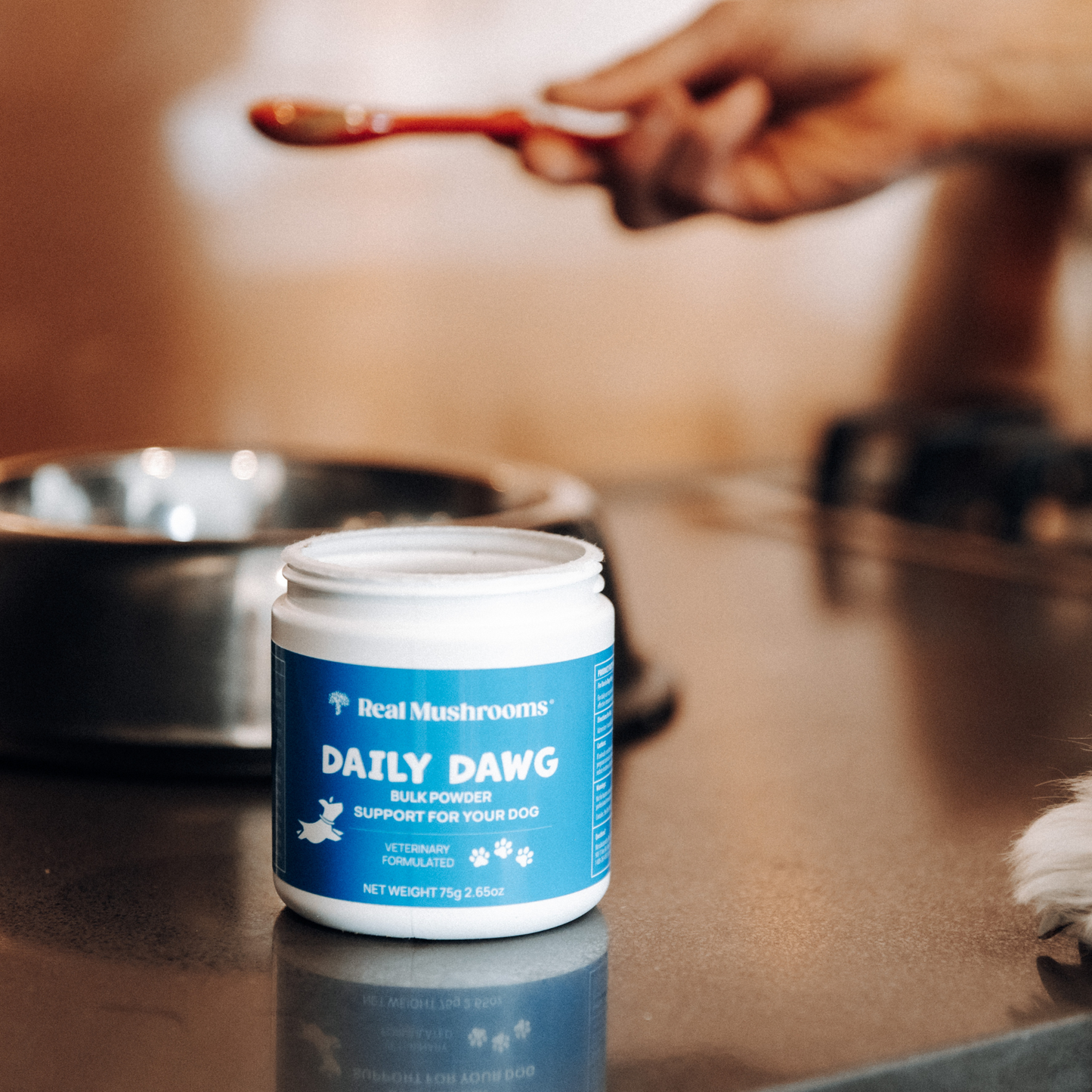 A container of Real Mushrooms Daily Dawg Powder for Pets sits on a counter beside a metal bowl, with a hand holding a red spoon in the background, highlighting immune support for dogs.