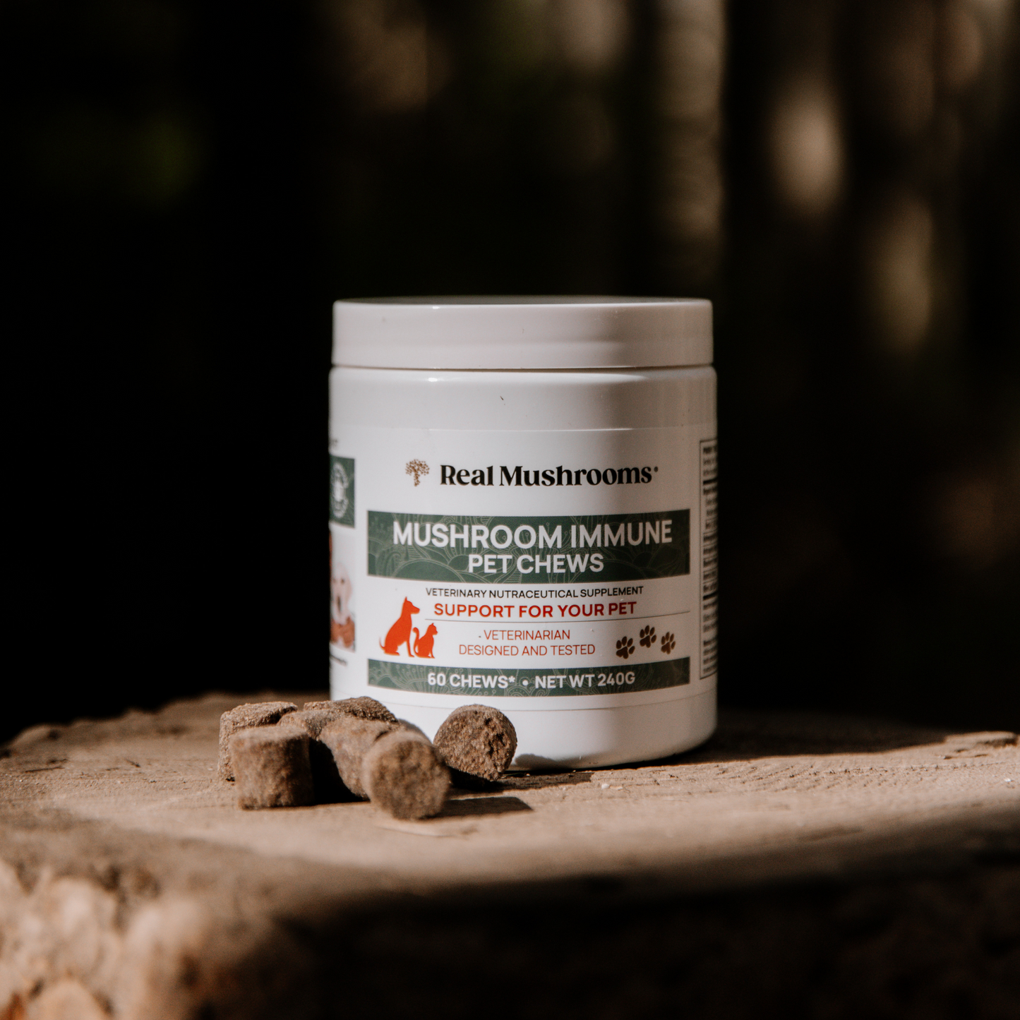 A container of Real Mushrooms' Mushroom Immune Pet Chews sits on a wooden surface, with several chews in front, featuring organic mushroom extracts to support pet immune health.